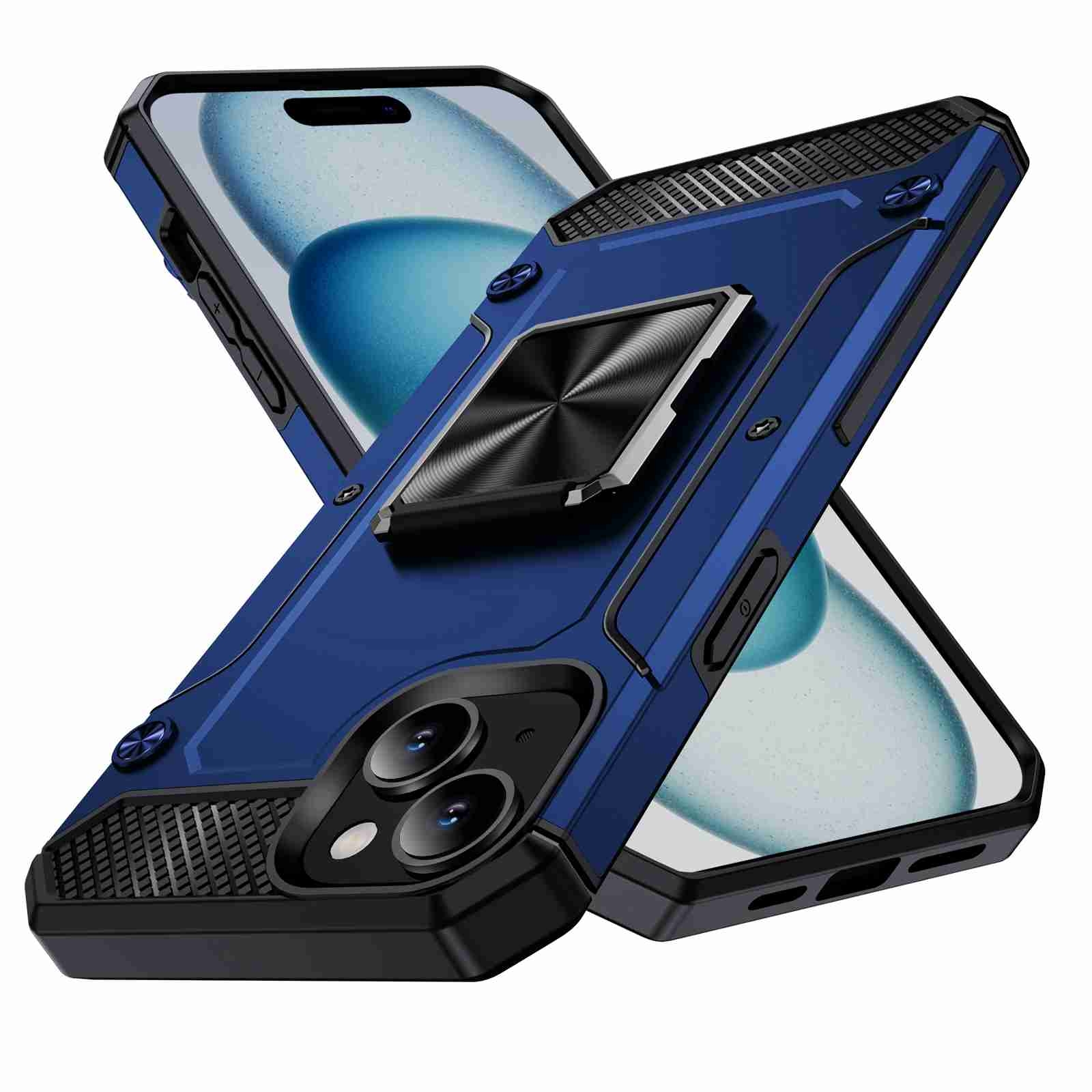 For iPhone 15 Plus Shockproof Metal Holder Phone Case(Blue) - Shopkiz.com
