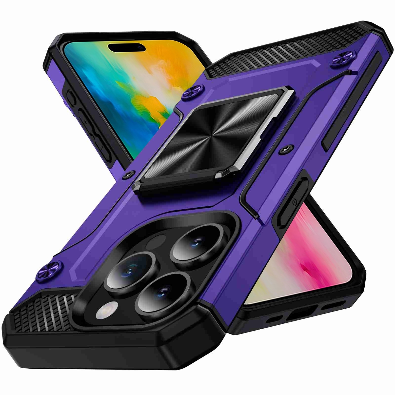 For iPhone 16 Pro Max Shockproof Metal Holder Phone Case(Purple) - Shopkiz.com