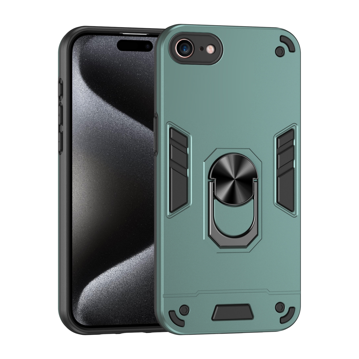 For iPhone SE 2022 / SE 2020 Shockproof Metal Ring Holder Phone Case(Green) - Shopkiz.com