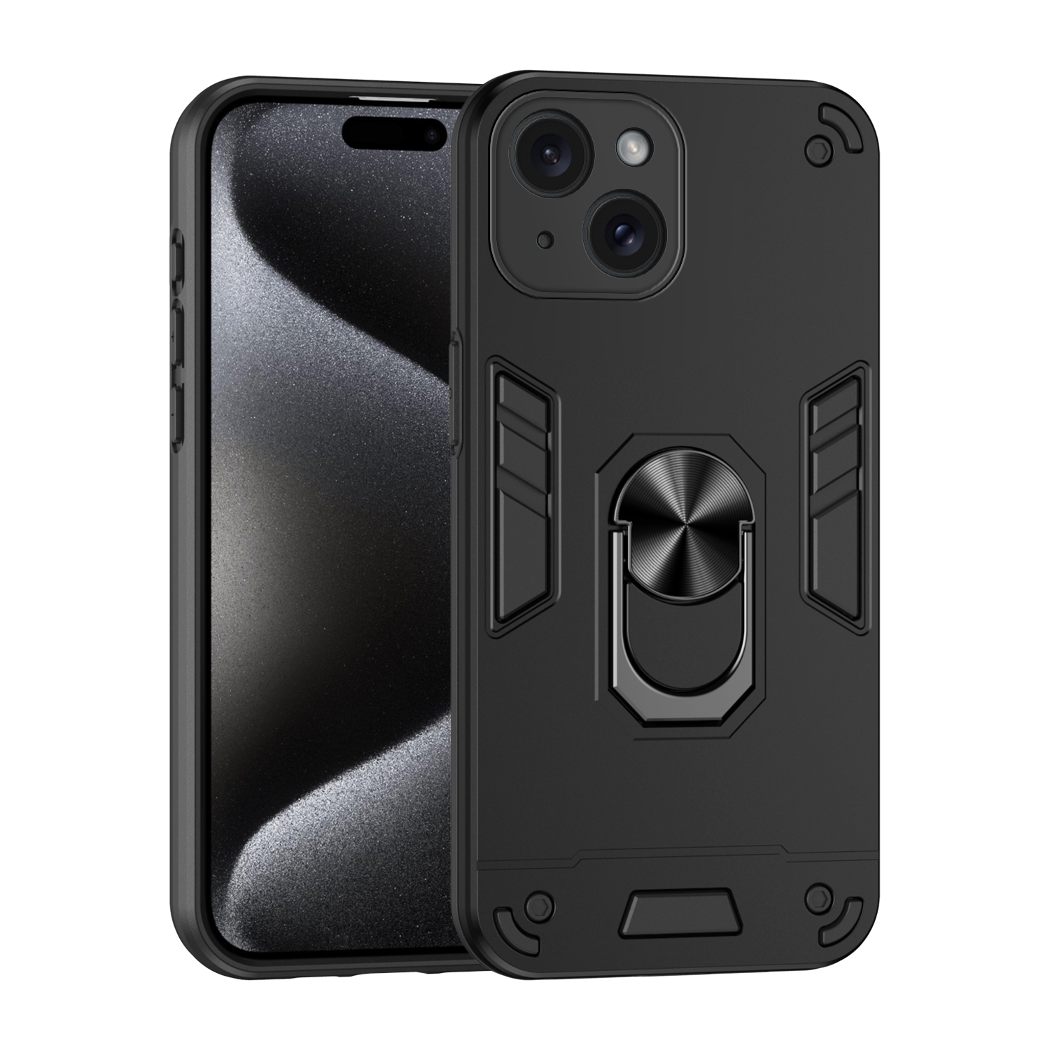 For iPhone 15 Plus Shockproof Metal Ring Holder Phone Case(Black) - Shopkiz.com