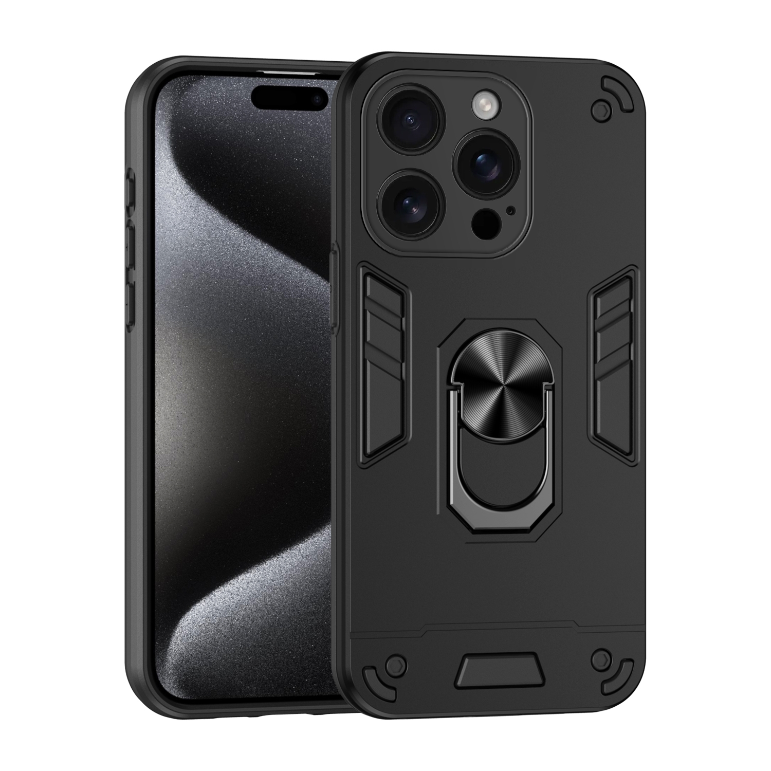 For iPhone 16 Pro Shockproof Metal Ring Holder Phone Case(Black) - Shopkiz.com