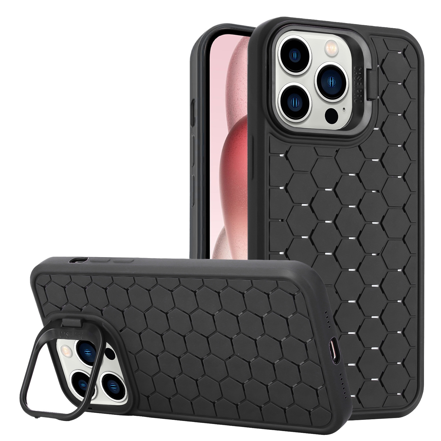 For iPhone 15 Pro Honeycomb Radiating Lens Holder TPU Phone Case(Black) - Shopkiz.com