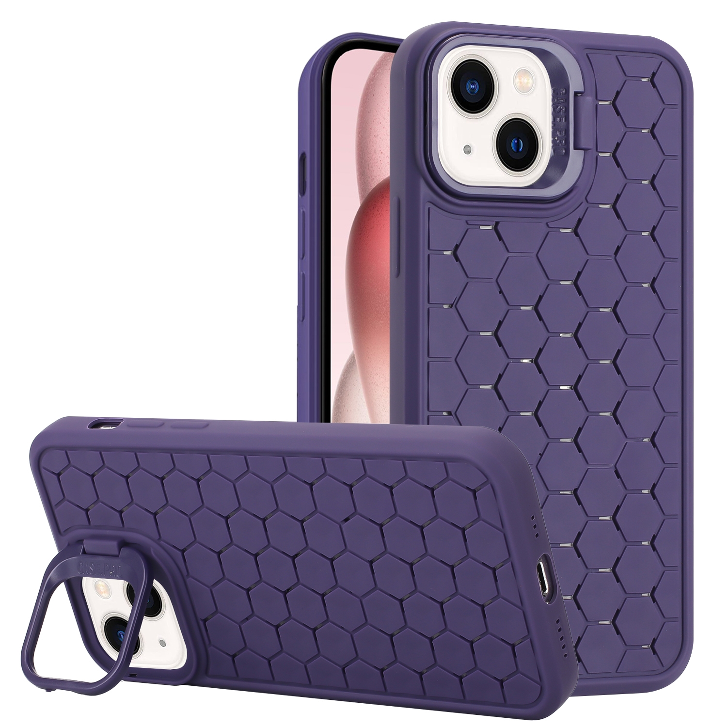 For iPhone 15 Plus Honeycomb Radiating Lens Holder TPU Phone Case(Purple) - Shopkiz.com