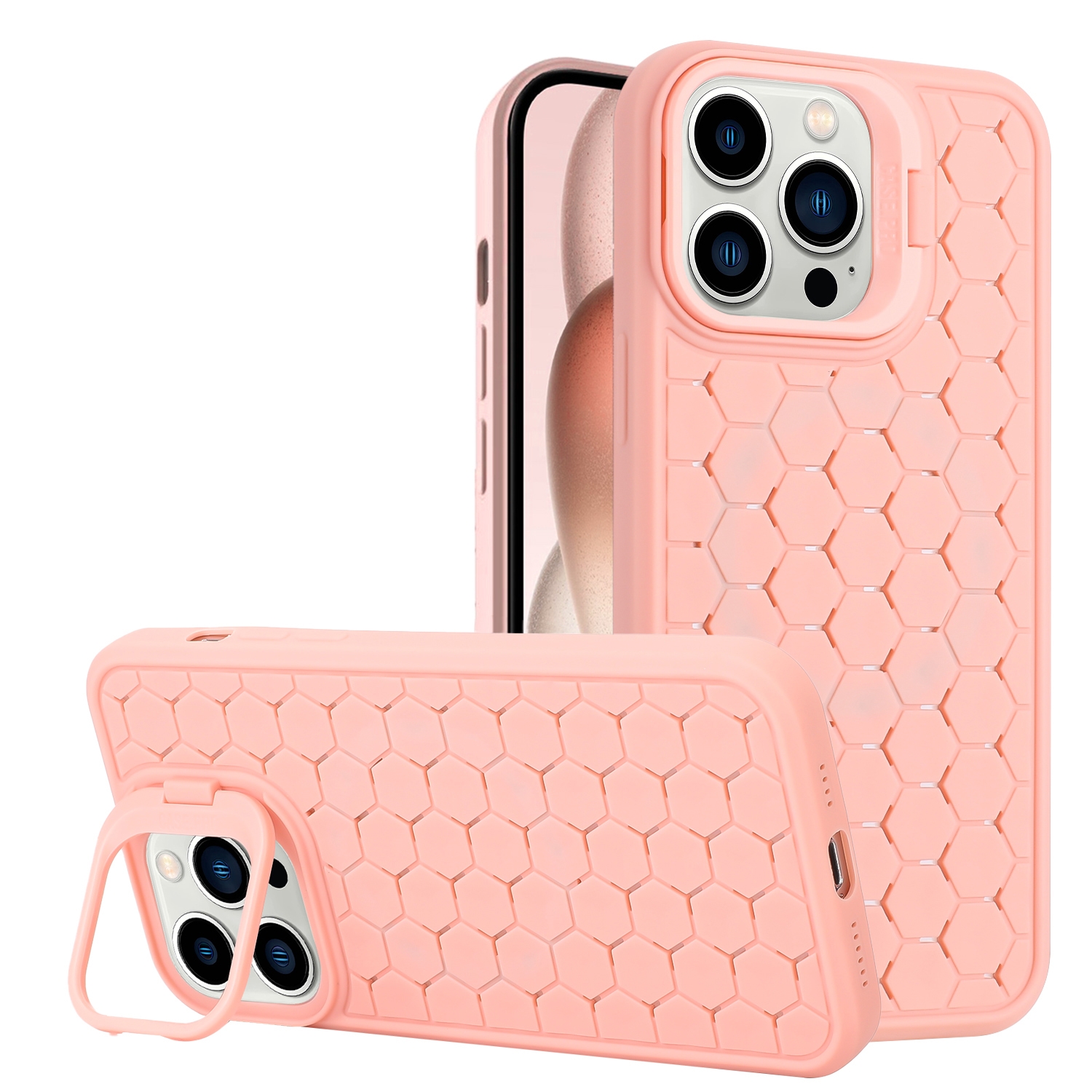 For iPhone 14 Pro Max Honeycomb Radiating Lens Holder TPU Phone Case(Pink) - Shopkiz.com