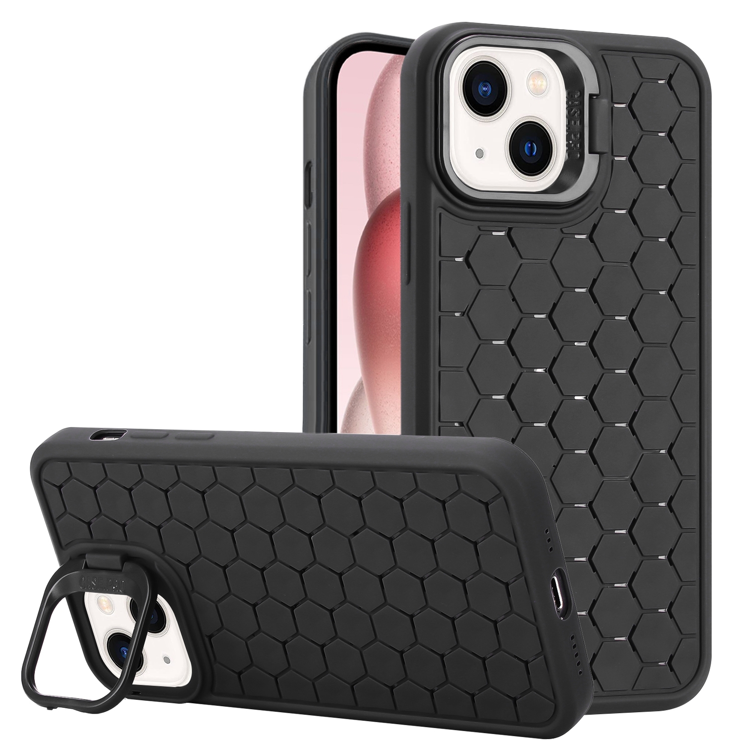 For iPhone 13 Honeycomb Radiating Lens Holder TPU Phone Case(Black) - Shopkiz.com
