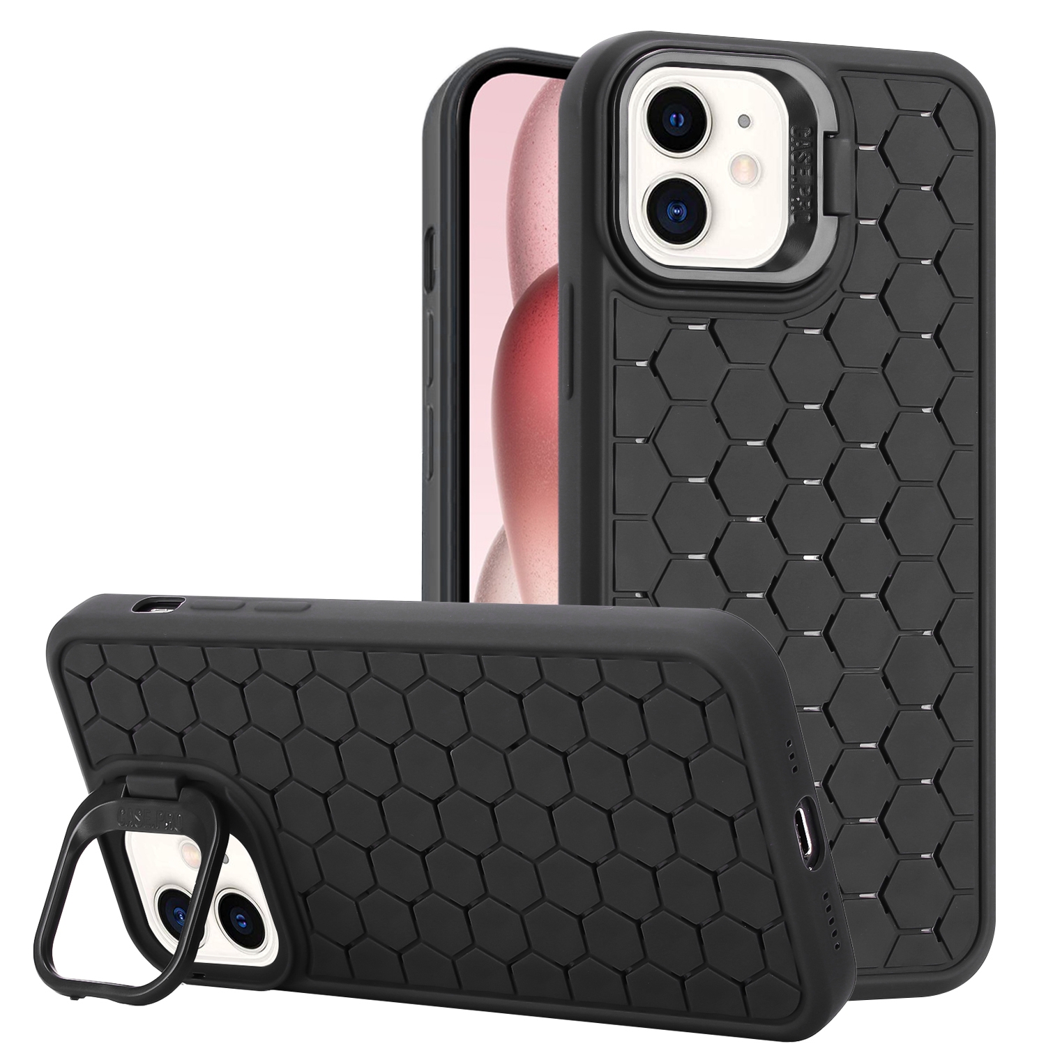 For iPhone 12 Honeycomb Radiating Lens Holder TPU Phone Case(Black) - Shopkiz.com