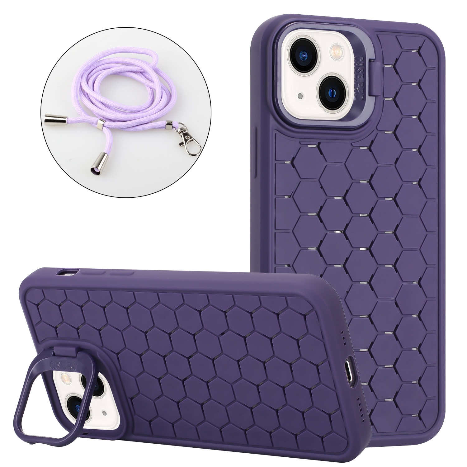 For iPhone 14 Honeycomb Radiating Holder TPU Phone Case with Lanyard(Purple) - Shopkiz.com