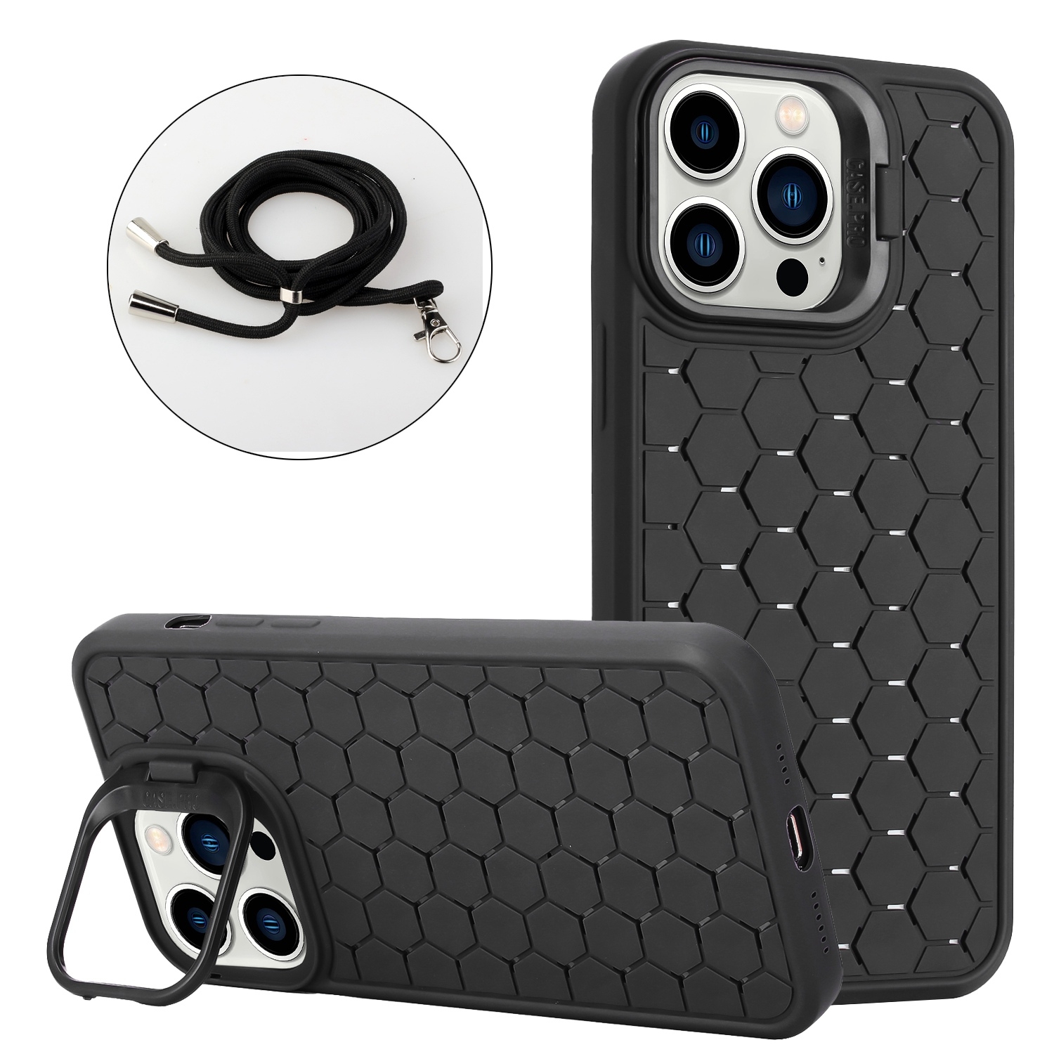 For iPhone 14 Pro Honeycomb Radiating Holder TPU Phone Case with Lanyard(Black) - Shopkiz.com