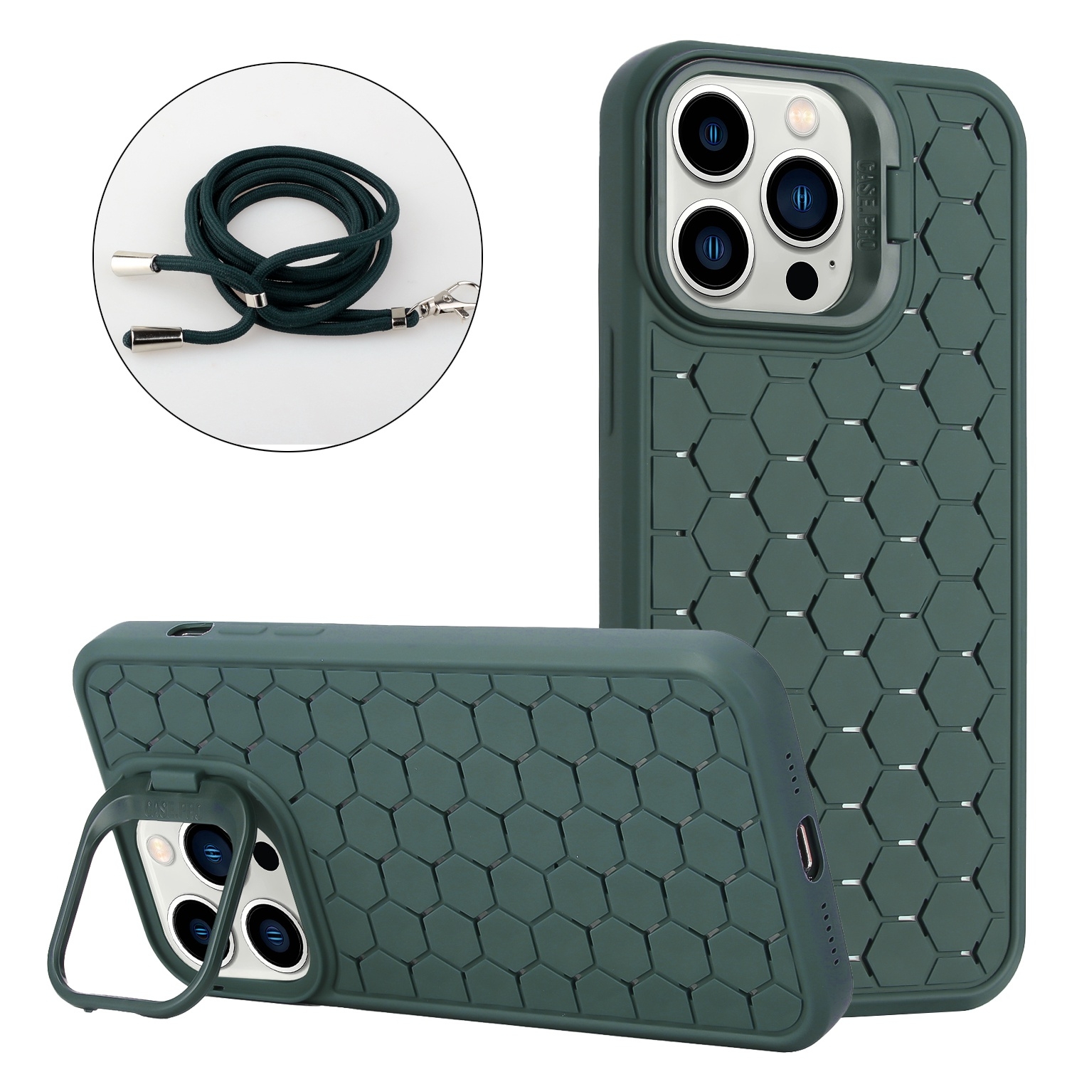 For iPhone 13 Pro Max Honeycomb Radiating Holder TPU Phone Case with Lanyard(Green) - Shopkiz.com