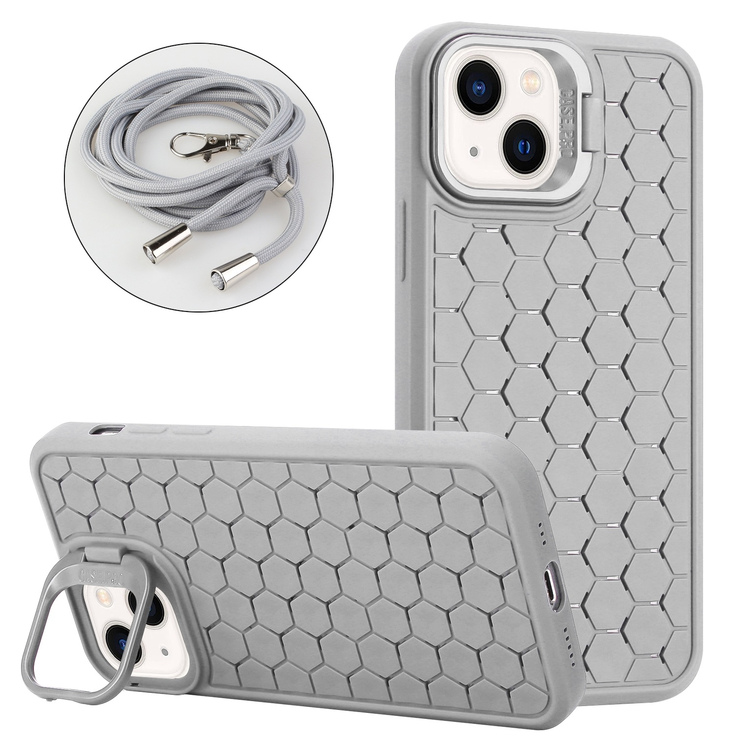 For iPhone 13 Honeycomb Radiating Holder TPU Phone Case with Lanyard(Grey) - Shopkiz.com