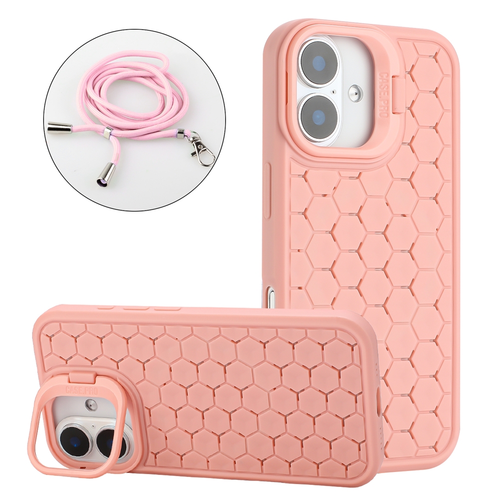 For iPhone 16 Honeycomb Radiating Holder TPU Phone Case with Lanyard(Pink) - Shopkiz.com