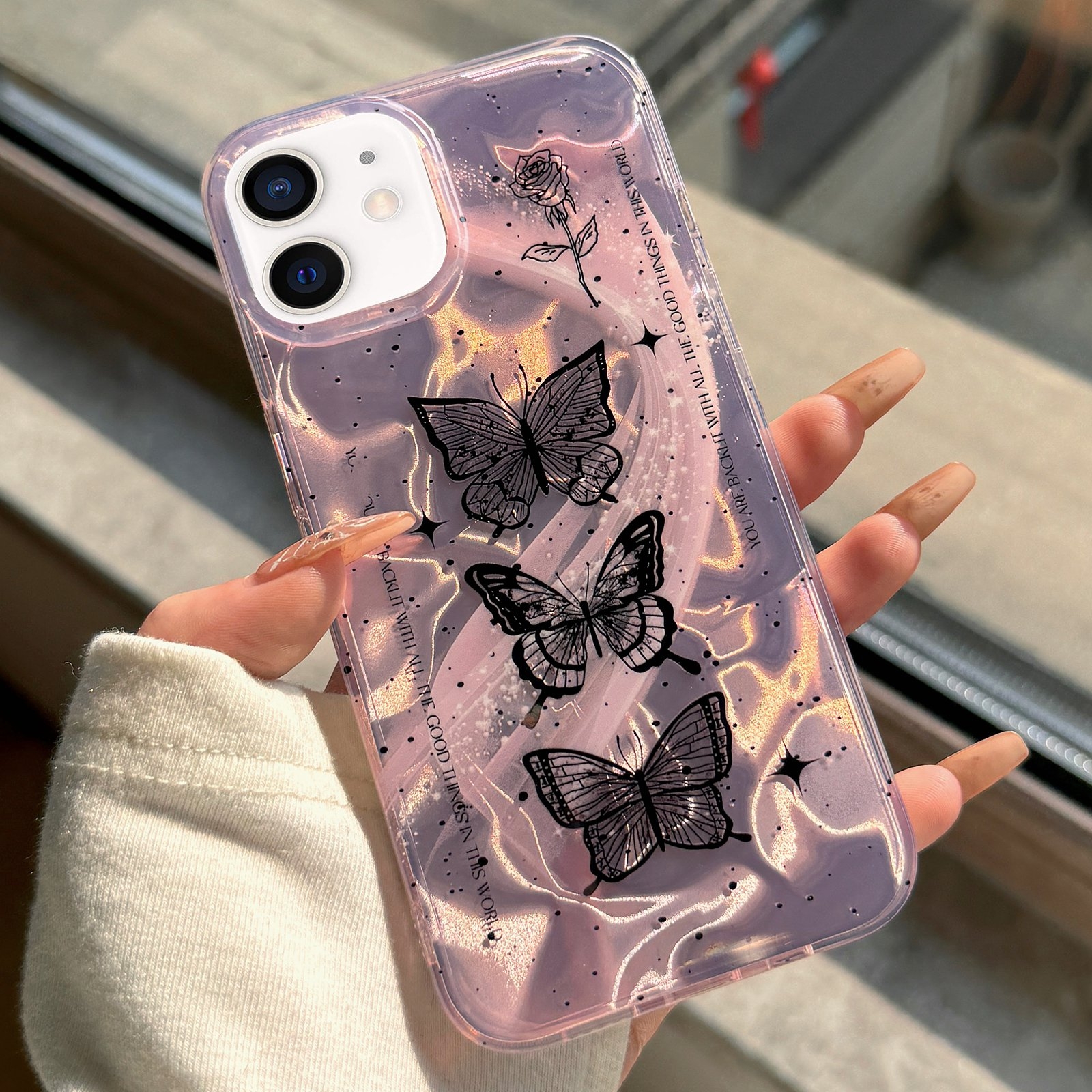 For iPhone 12 Dual-layer Water Rippled Acrylic Hybrid TPU Phone Case(Purple Butterflies) - Shopkiz.com