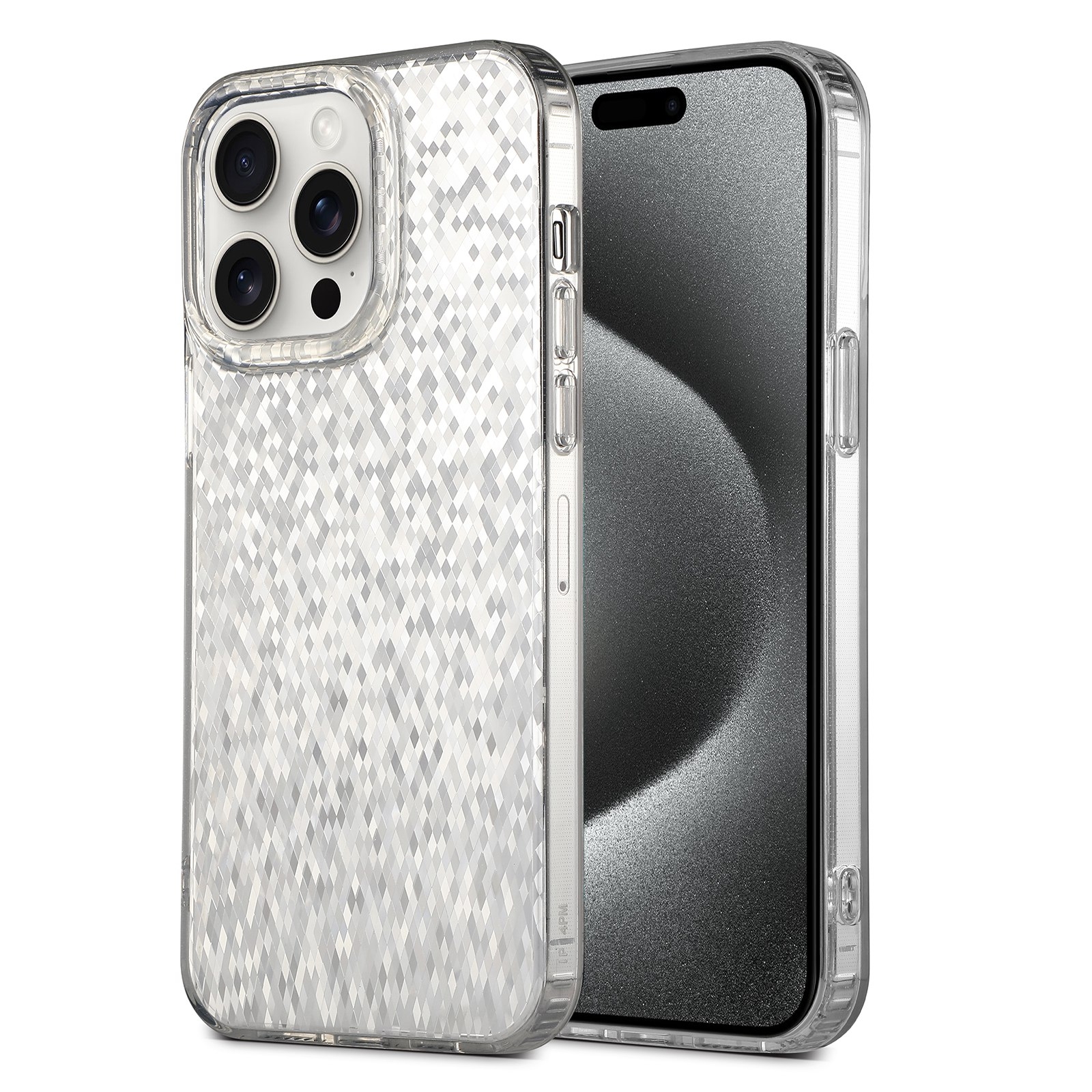 For iPhone 15 Pro Max Dynamic Colorful Rhombus Diamond Series PC + TPU Phone Case(White) - Shopkiz.com