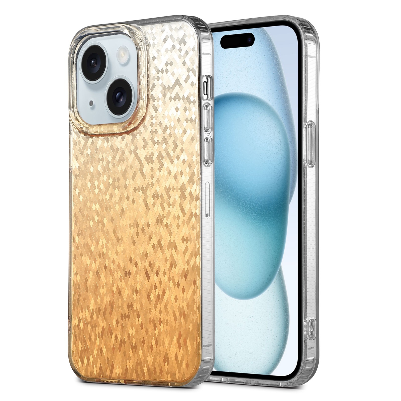 For iPhone 15 Plus Dynamic Colorful Rhombus Diamond Series PC + TPU Phone Case(Gold) - Shopkiz.com