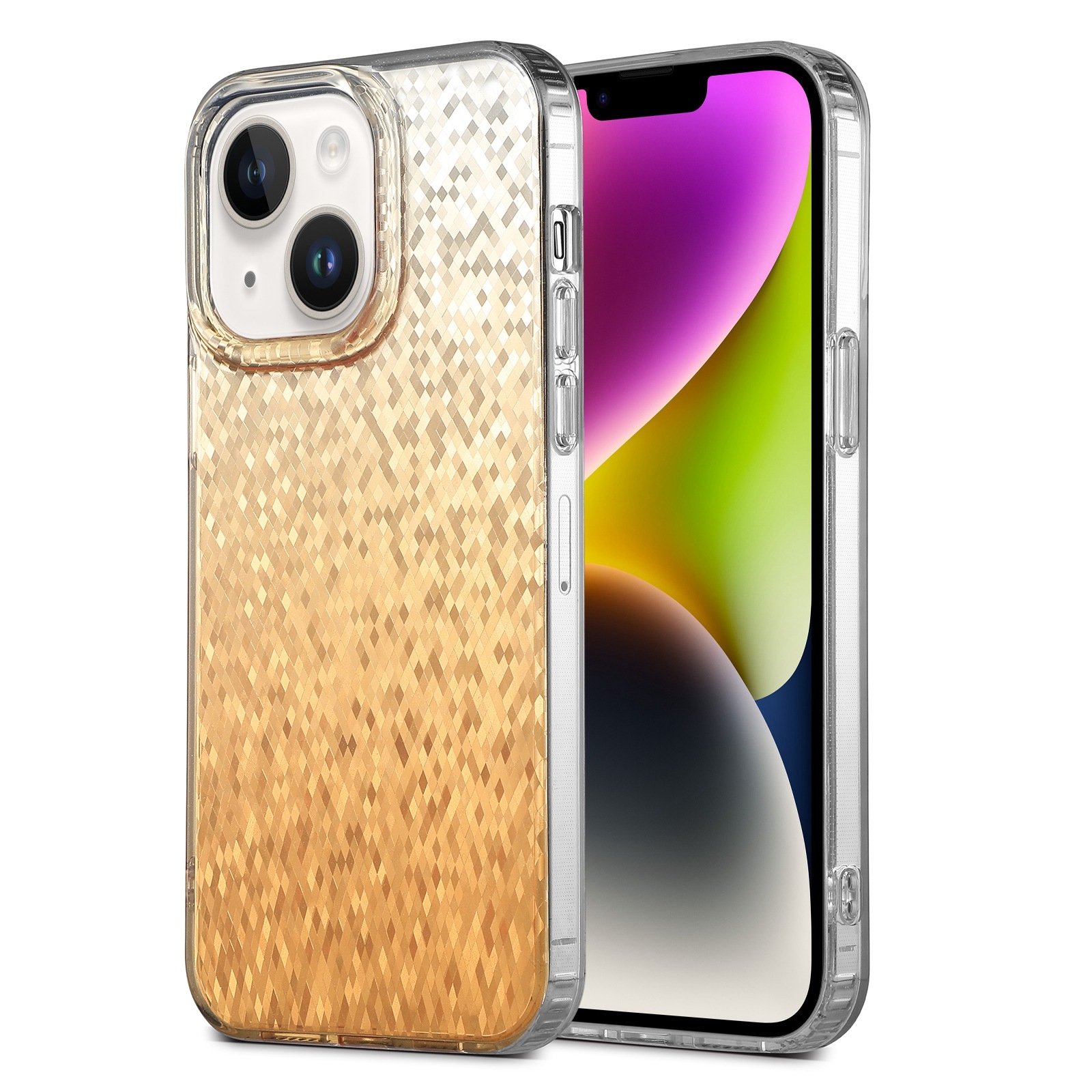 For iPhone 14 Plus Dynamic Colorful Rhombus Diamond Series PC + TPU Phone Case(Gold) - Shopkiz.com