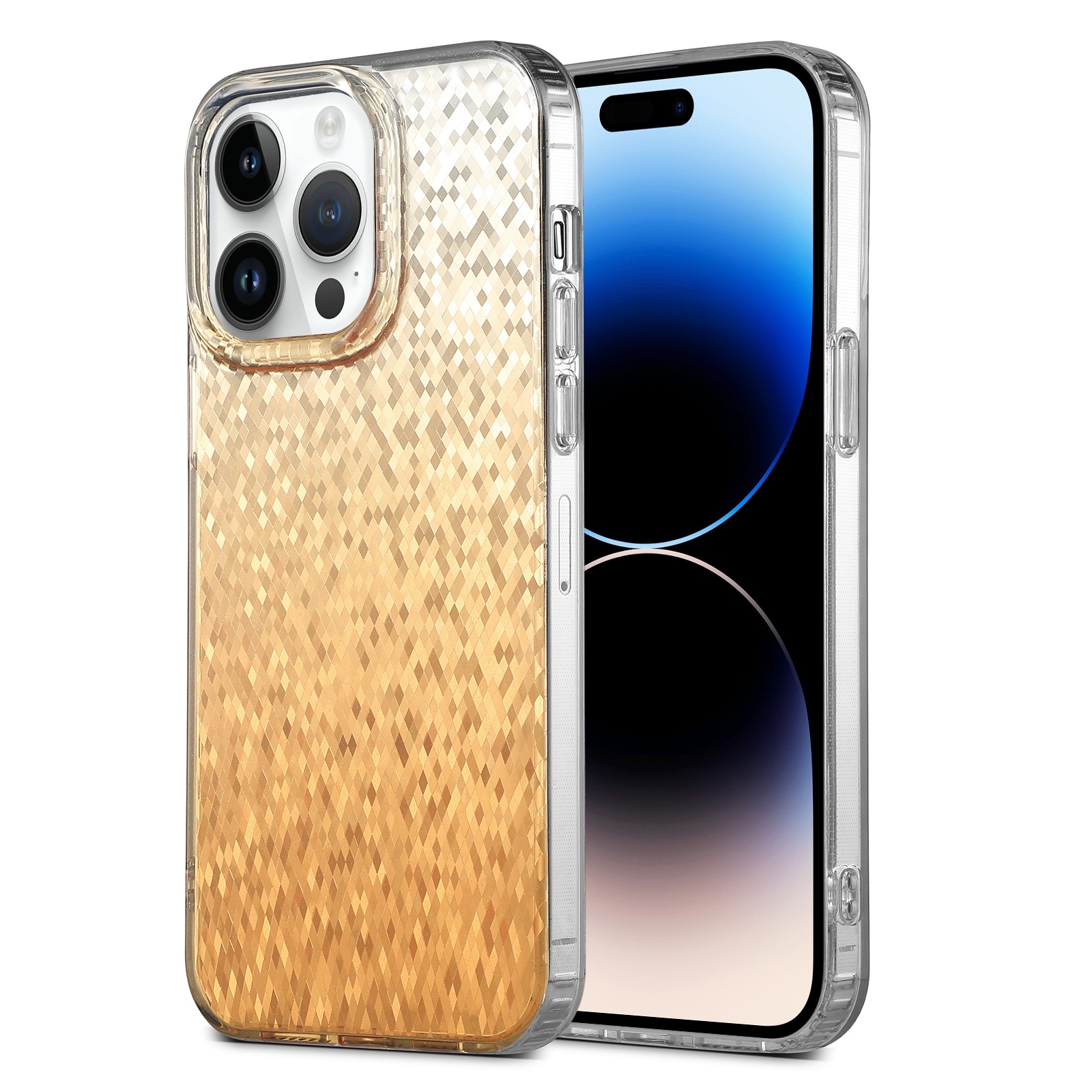 For iPhone 14 Pro Dynamic Colorful Rhombus Diamond Series PC + TPU Phone Case(Gold) - Shopkiz.com