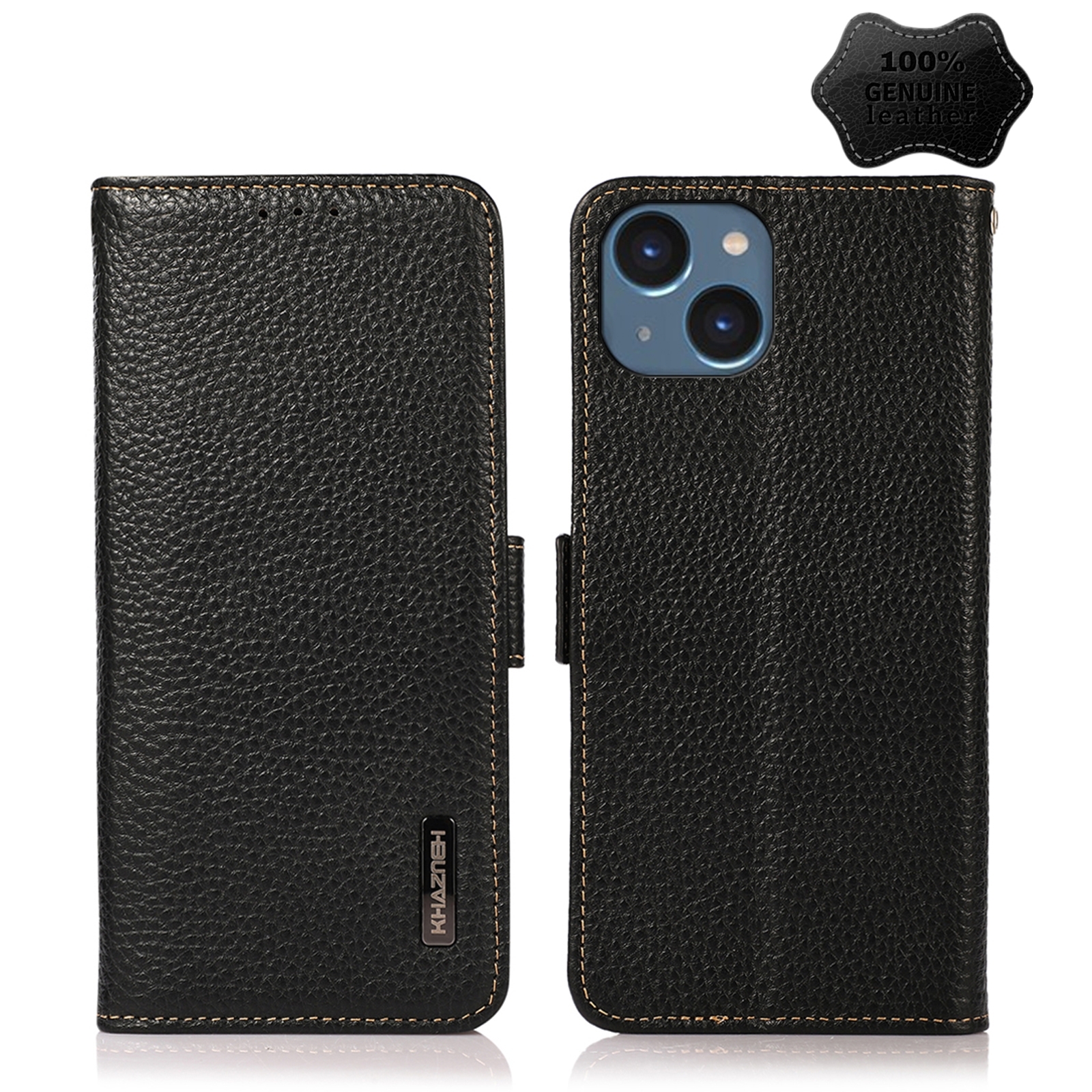 For iPhone 15 KHAZNEH Side-Magnetic Litchi Genuine Leather RFID Phone Case(Black) - Shopkiz.com