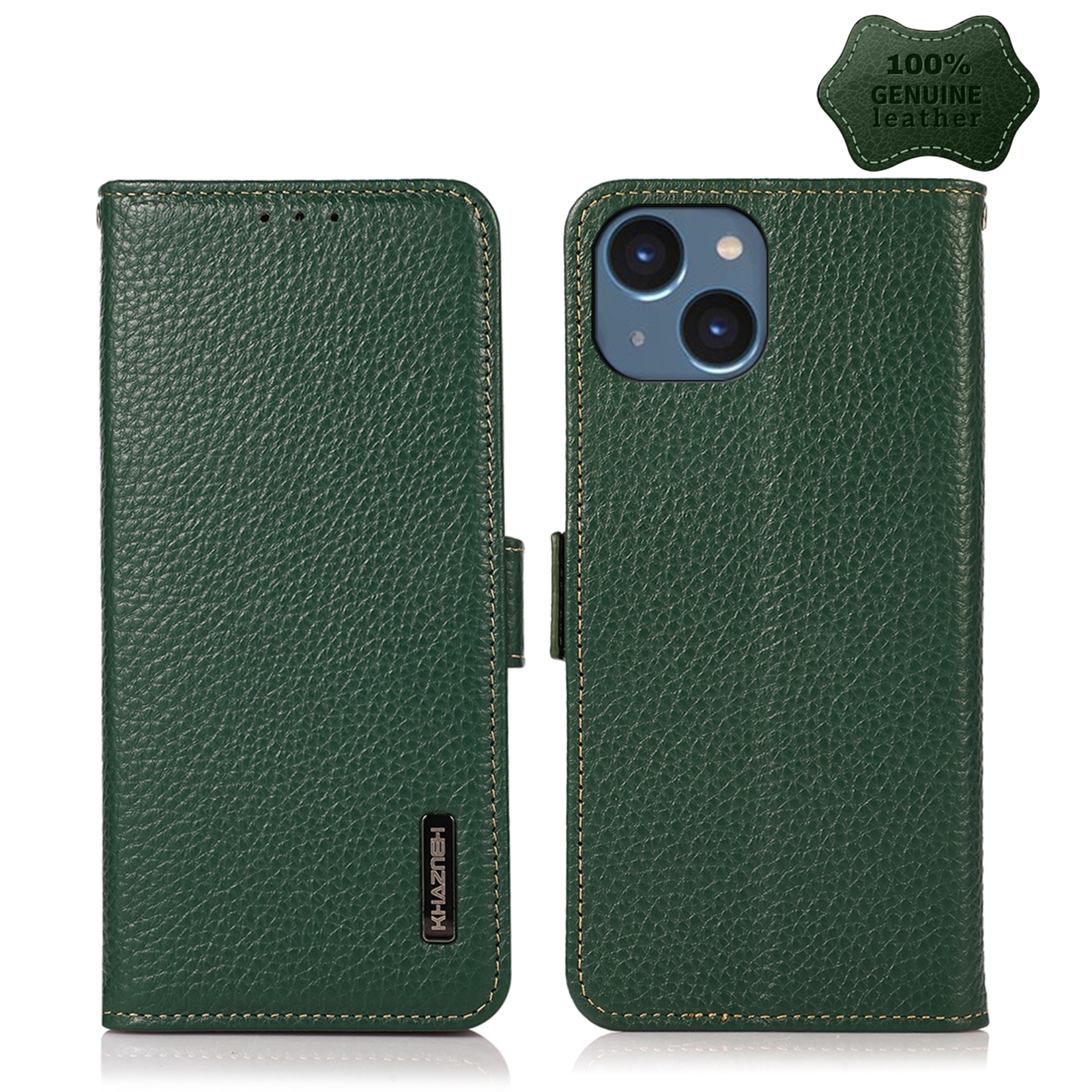 For iPhone 15 KHAZNEH Side-Magnetic Litchi Genuine Leather RFID Phone Case(Green) - Shopkiz.com