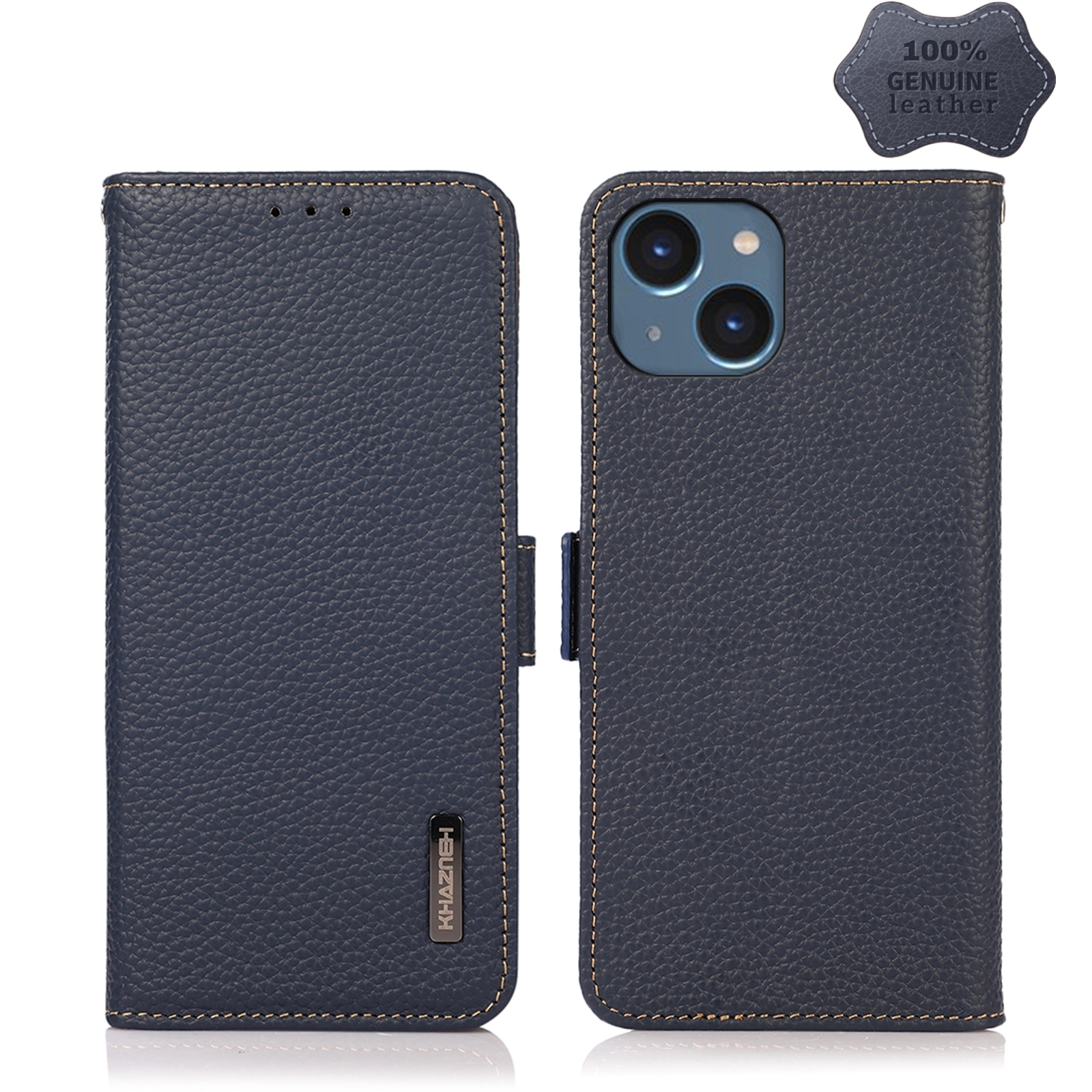 For iPhone 15 Plus KHAZNEH Side-Magnetic Litchi Genuine Leather RFID Phone Case(Blue) - Shopkiz.com
