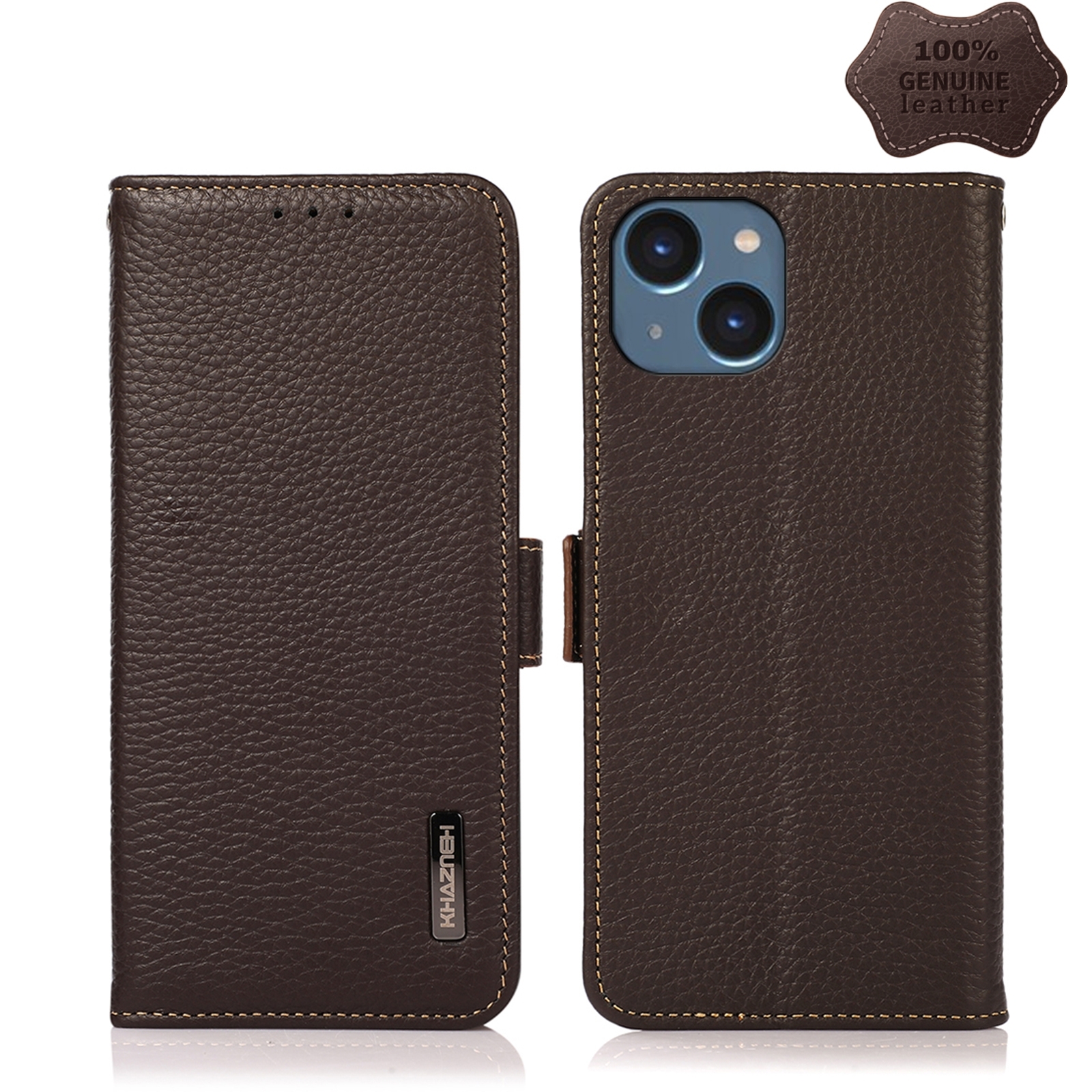 For iPhone 15 Plus KHAZNEH Side-Magnetic Litchi Genuine Leather RFID Phone Case(Brown) - Shopkiz.com