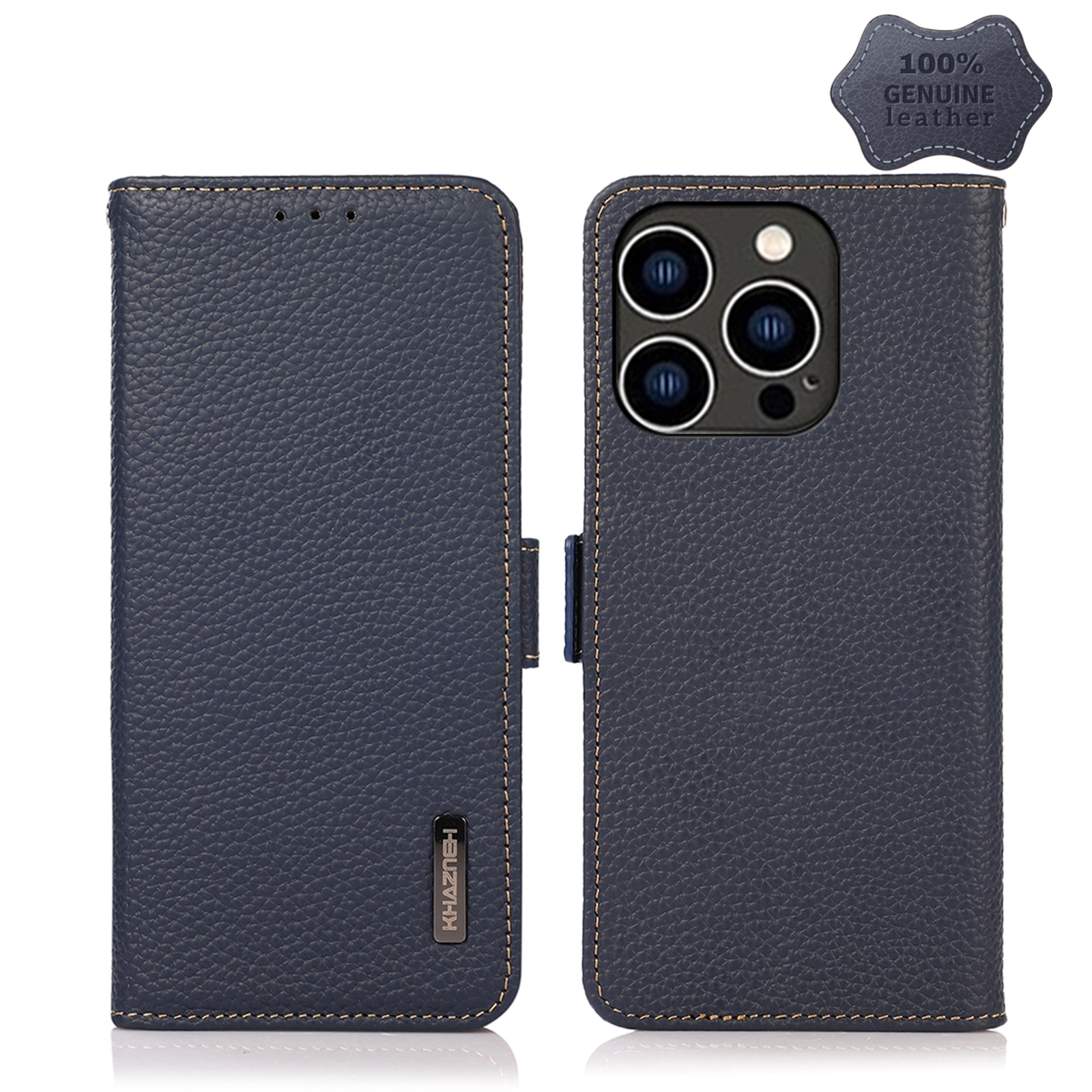 For iPhone 15 Pro KHAZNEH Side-Magnetic Litchi Genuine Leather RFID Phone Case(Blue) - Shopkiz.com