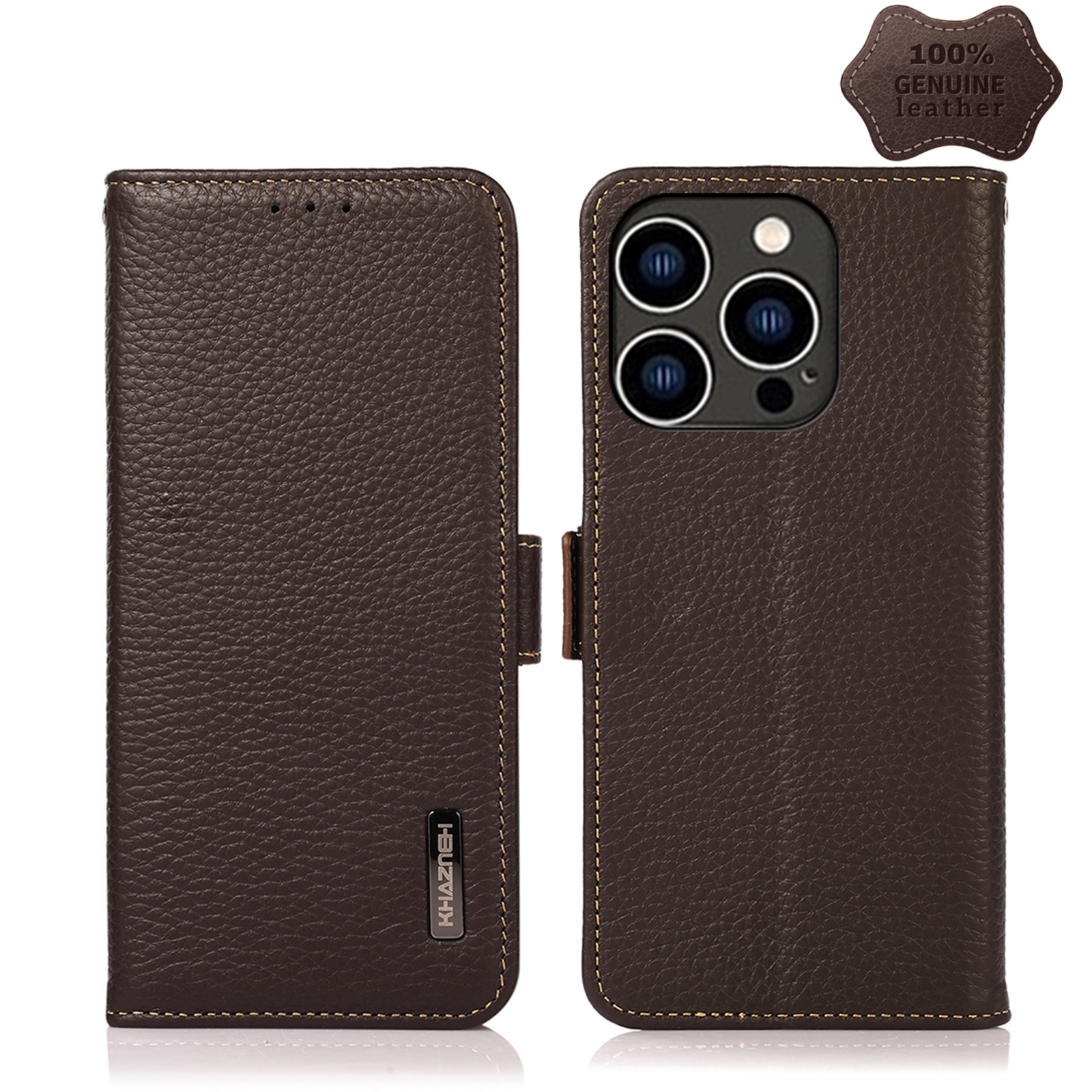 For iPhone 15 Pro KHAZNEH Side-Magnetic Litchi Genuine Leather RFID Phone Case(Brown) - Shopkiz.com