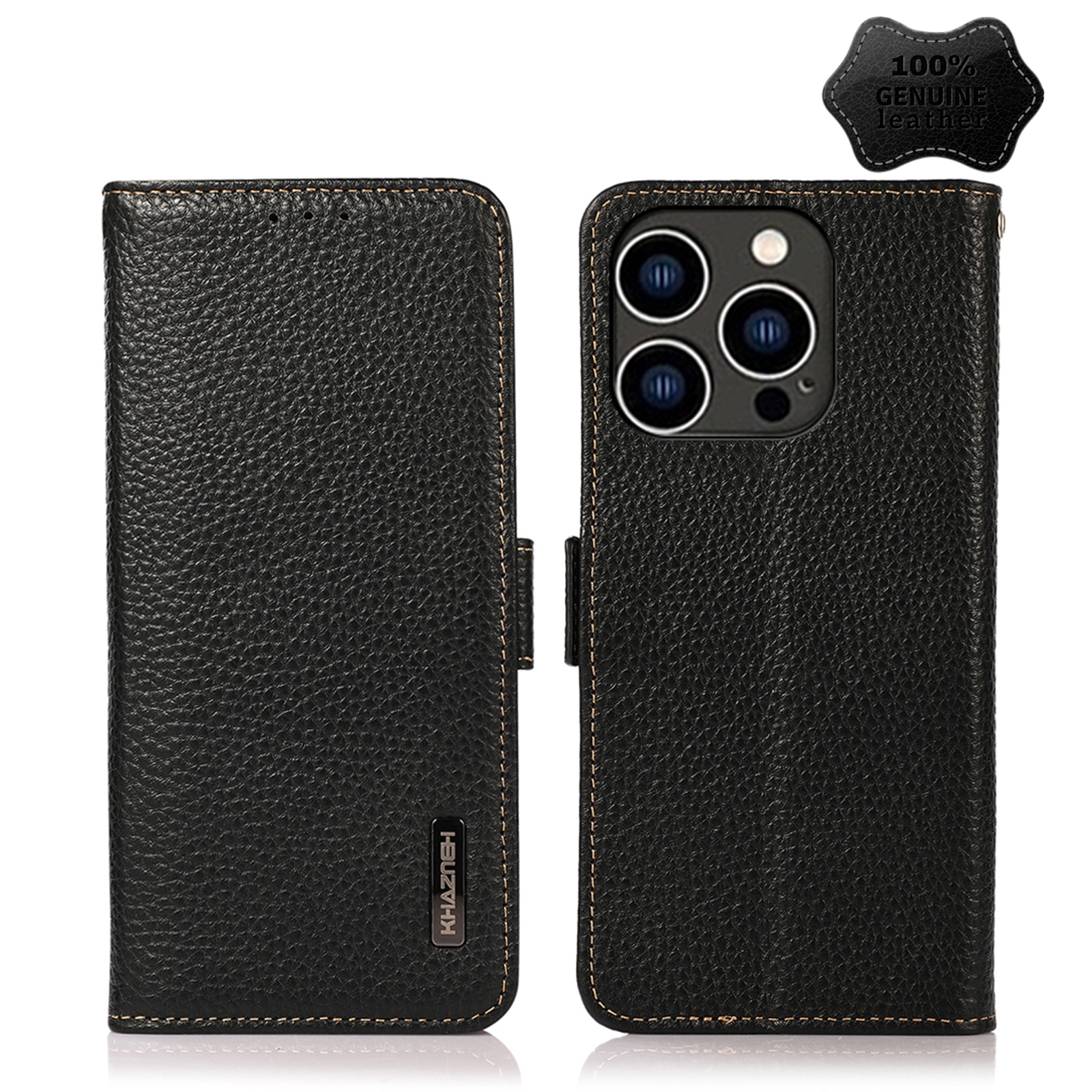 For iPhone 15 Pro Max KHAZNEH Side-Magnetic Litchi Genuine Leather RFID Phone Case(Black) - Shopkiz.com