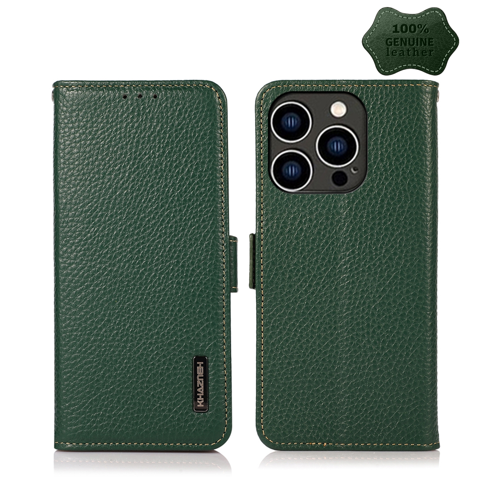 For iPhone 15 Pro Max KHAZNEH Side-Magnetic Litchi Genuine Leather RFID Phone Case(Green) - Shopkiz.com