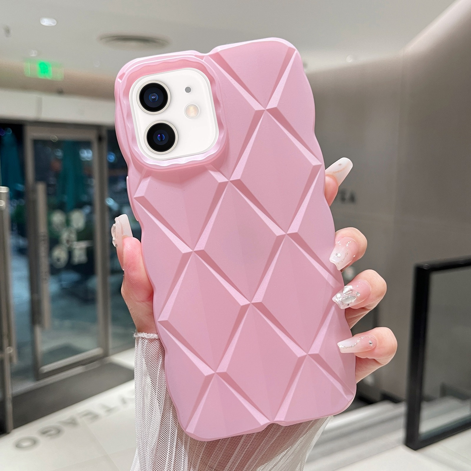 For iPhone 12 Metallic Paint Diamond Lattice Skin Feel Full Coverage Shockproof Phone Case(Pink) - Shopkiz.com