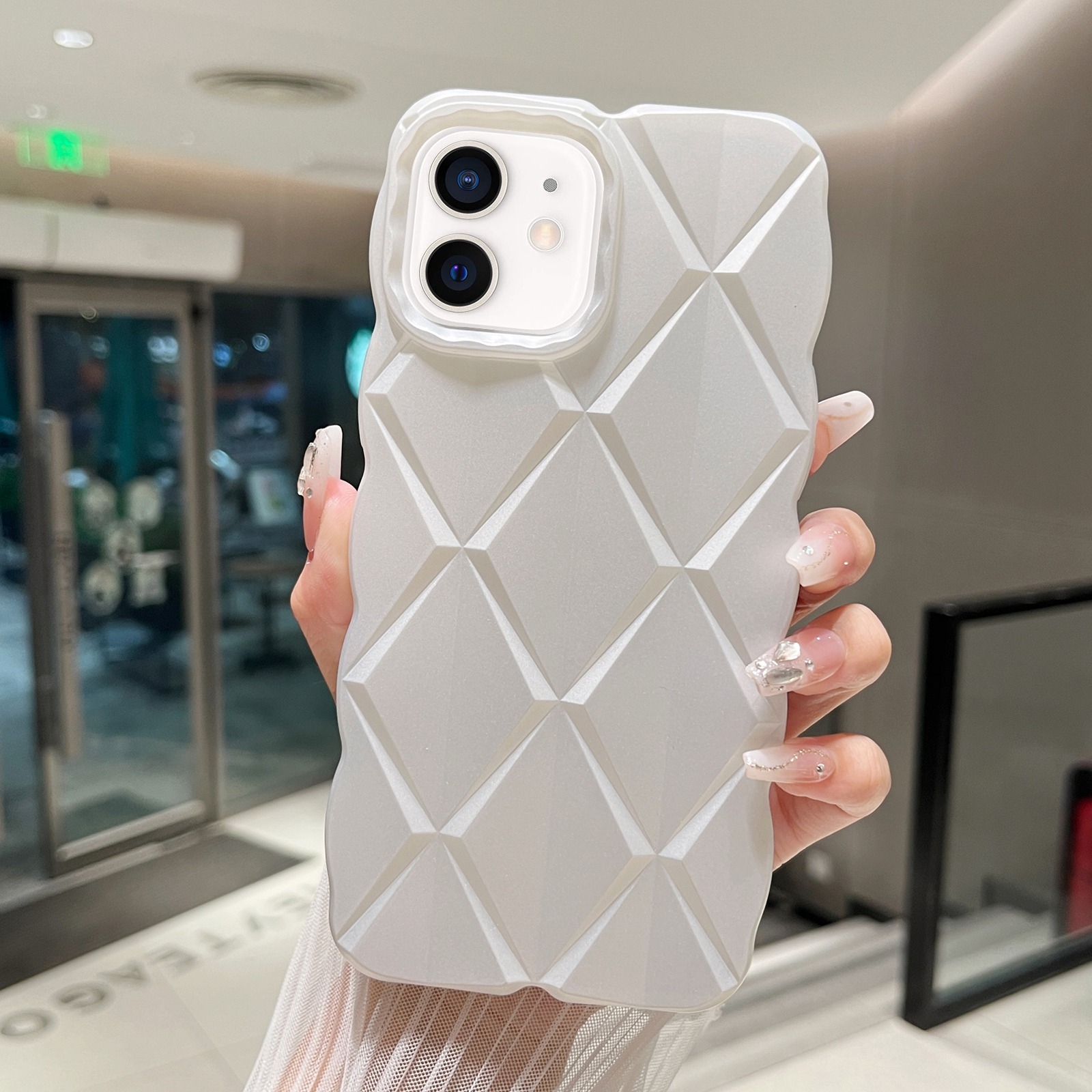 For iPhone 12 Metallic Paint Diamond Lattice Skin Feel Full Coverage Shockproof Phone Case(White) - Shopkiz.com