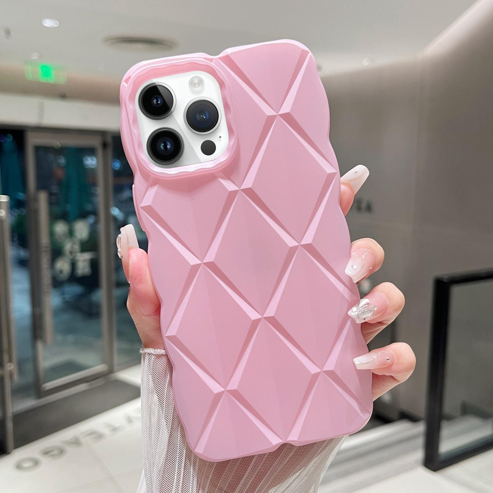 For iPhone 12 Pro Max Metallic Paint Diamond Lattice Skin Feel Full Coverage Shockproof Phone Case(Pink) - Shopkiz.com