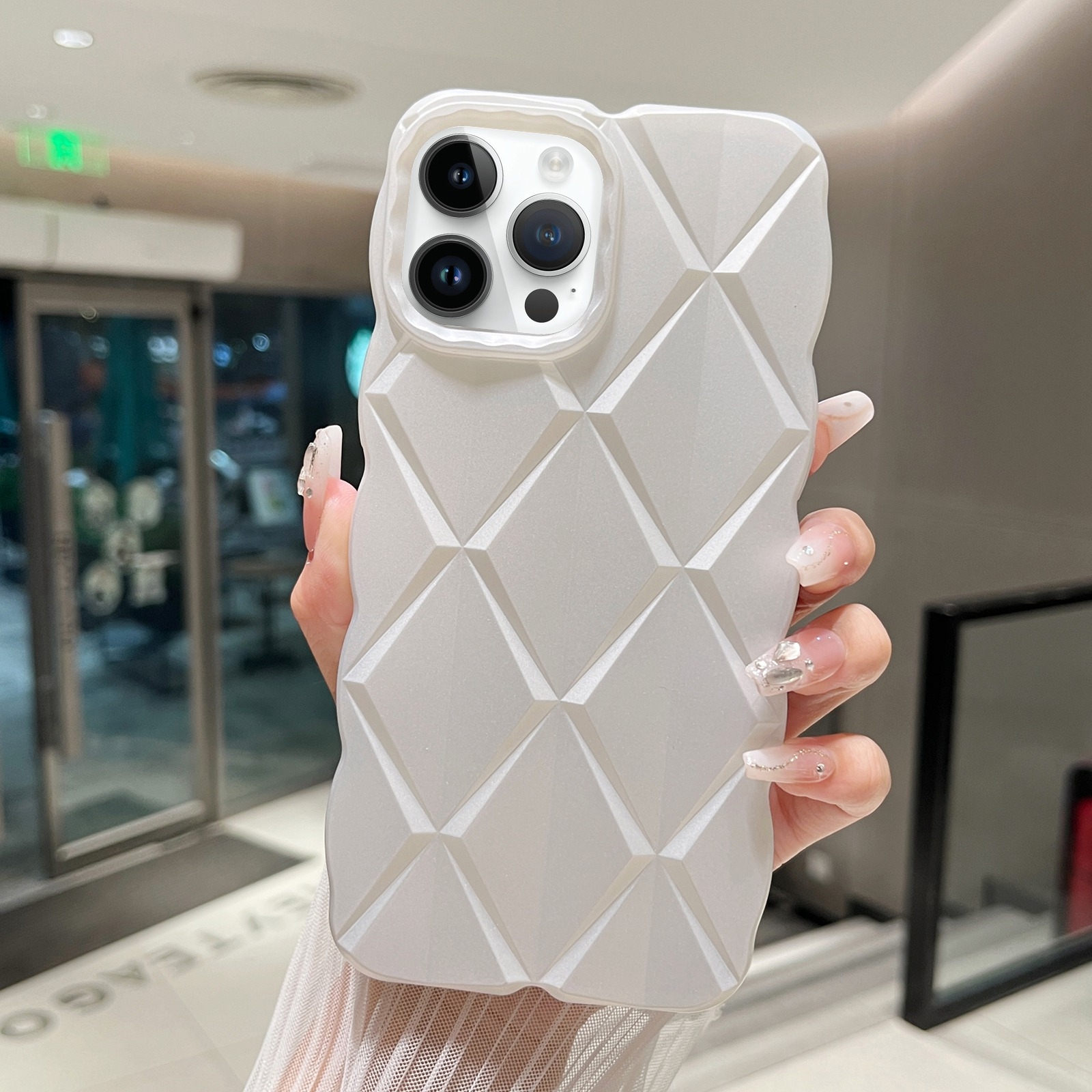 For iPhone 12 Pro Max Metallic Paint Diamond Lattice Skin Feel Full Coverage Shockproof Phone Case(White) - Shopkiz.com