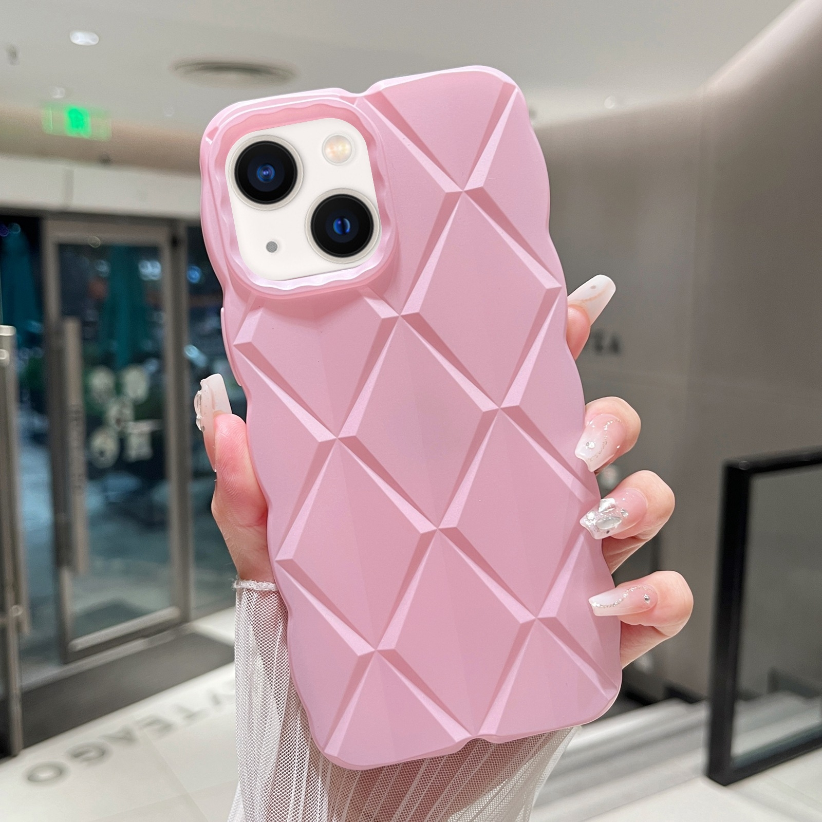 For iPhone 14 Plus Metallic Paint Diamond Lattice Skin Feel Full Coverage Shockproof Phone Case(Pink) - Shopkiz.com