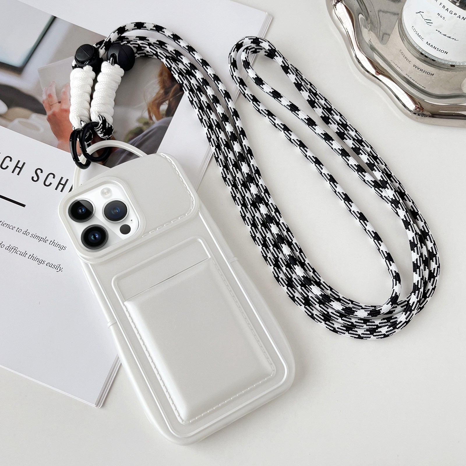For iPhone 13 Pro Metallic Paint Skin Feel Full Coverage Shockproof Phone Case with Card Bag + Lanyard(White) - Shopkiz.com