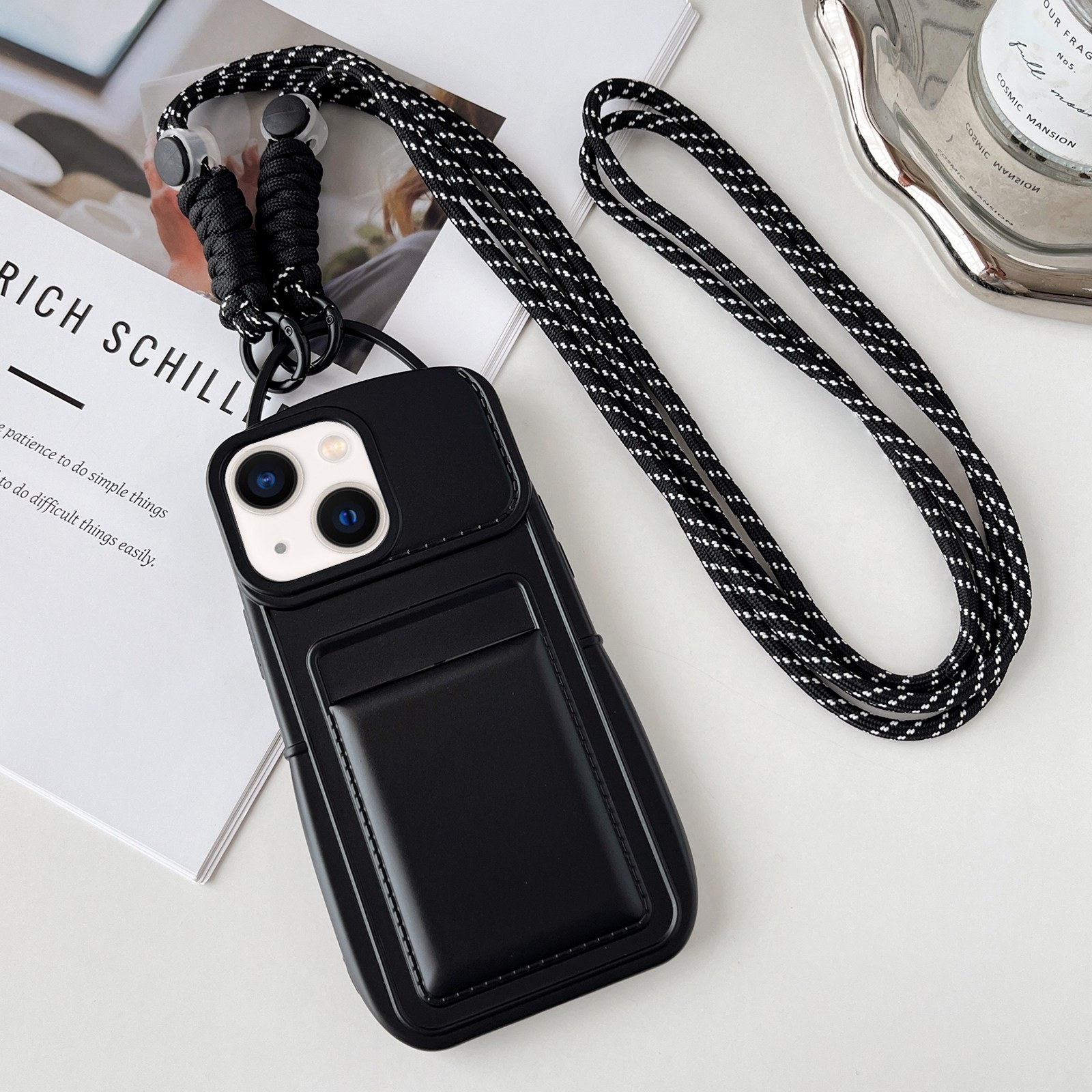 For iPhone 14 Metallic Paint Skin Feel Full Coverage Shockproof Phone Case with Card Bag + Lanyard(Black) - Shopkiz.com