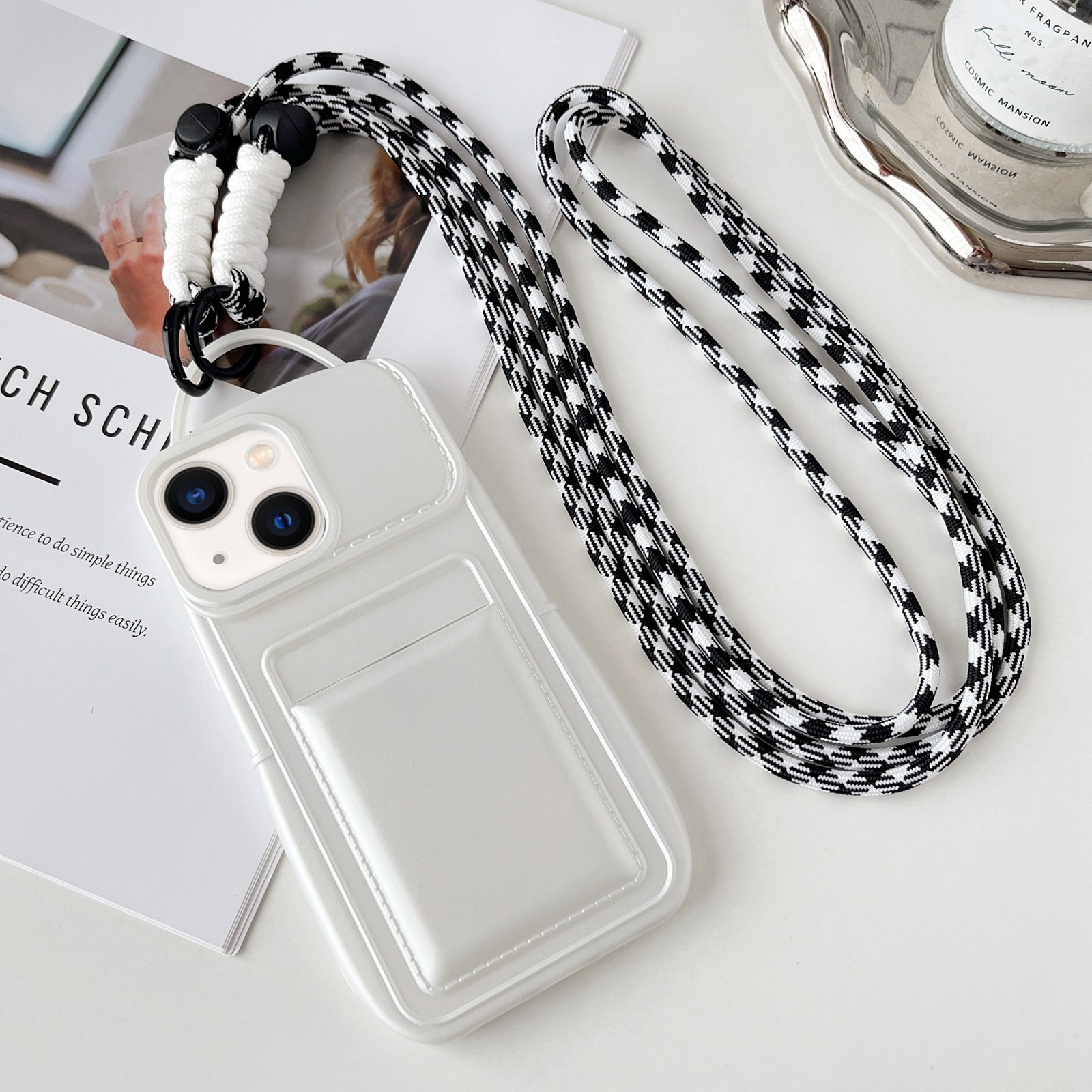 For iPhone 14 Metallic Paint Skin Feel Full Coverage Shockproof Phone Case with Card Bag + Lanyard(White) - Shopkiz.com
