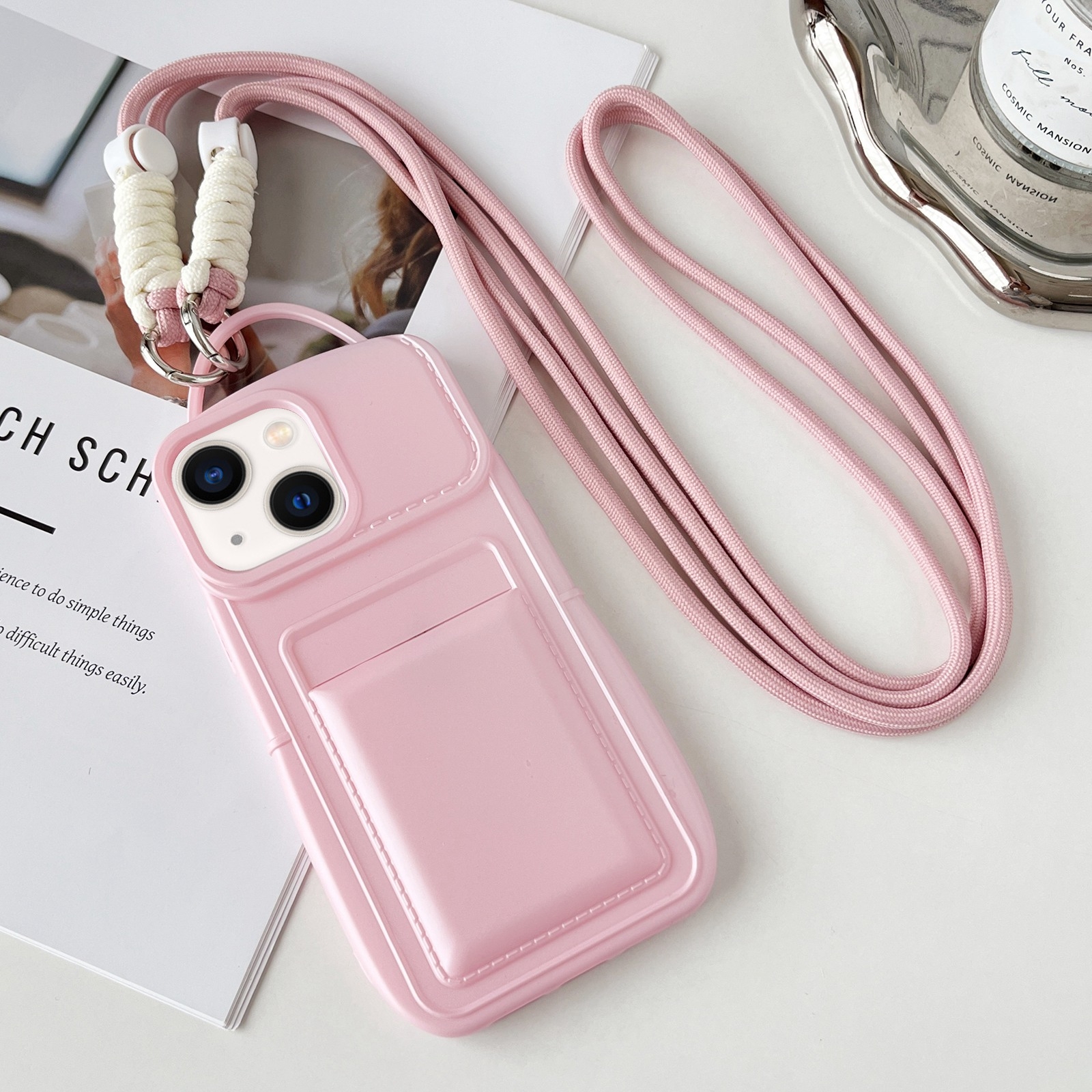 For iPhone 14 Plus Metallic Paint Skin Feel Full Coverage Shockproof Phone Case with Card Bag + Lanyard(Pink) - Shopkiz.com