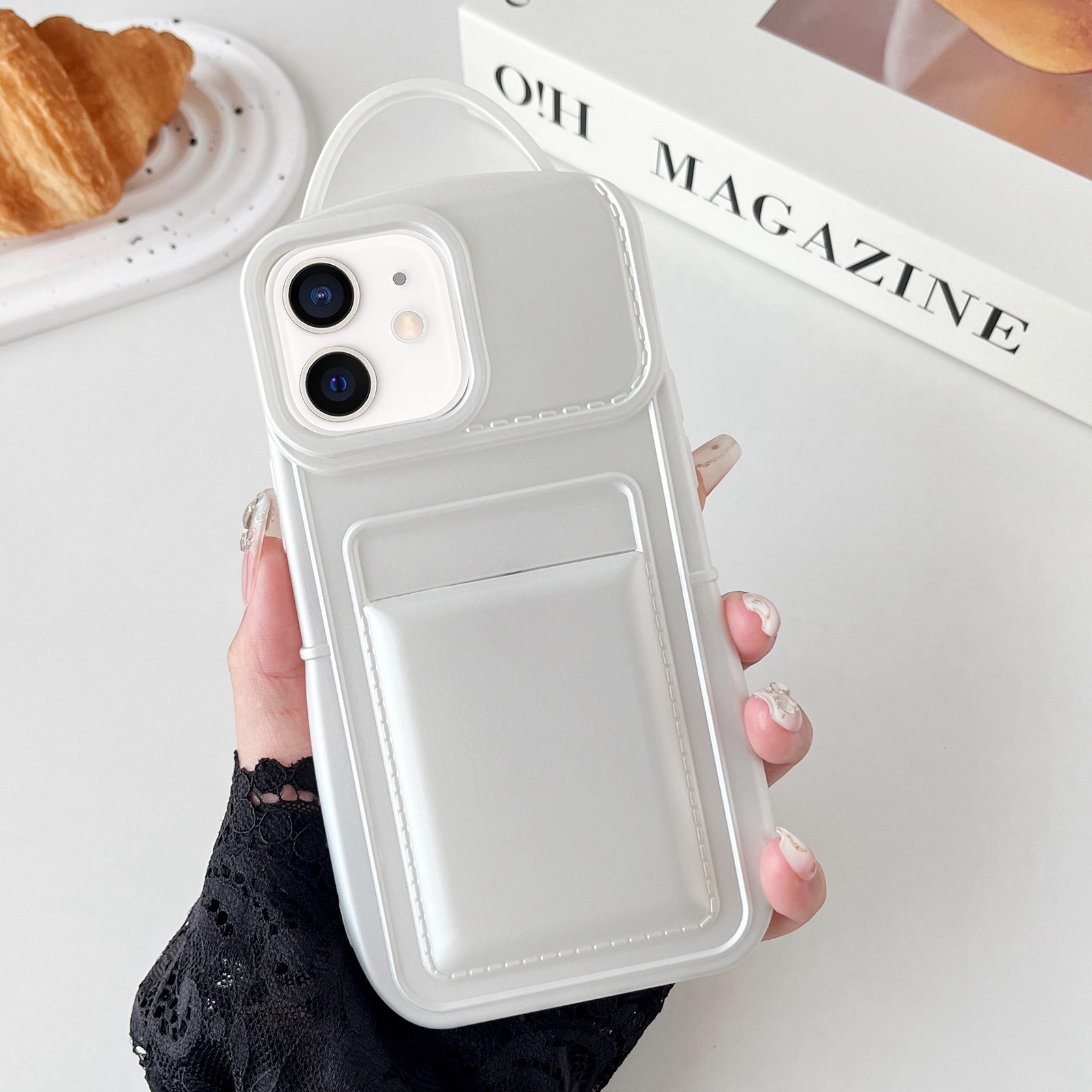 For iPhone 12 Metallic Paint Skin Feel Full Coverage Shockproof Phone Case with Card Bag(White) - Shopkiz.com