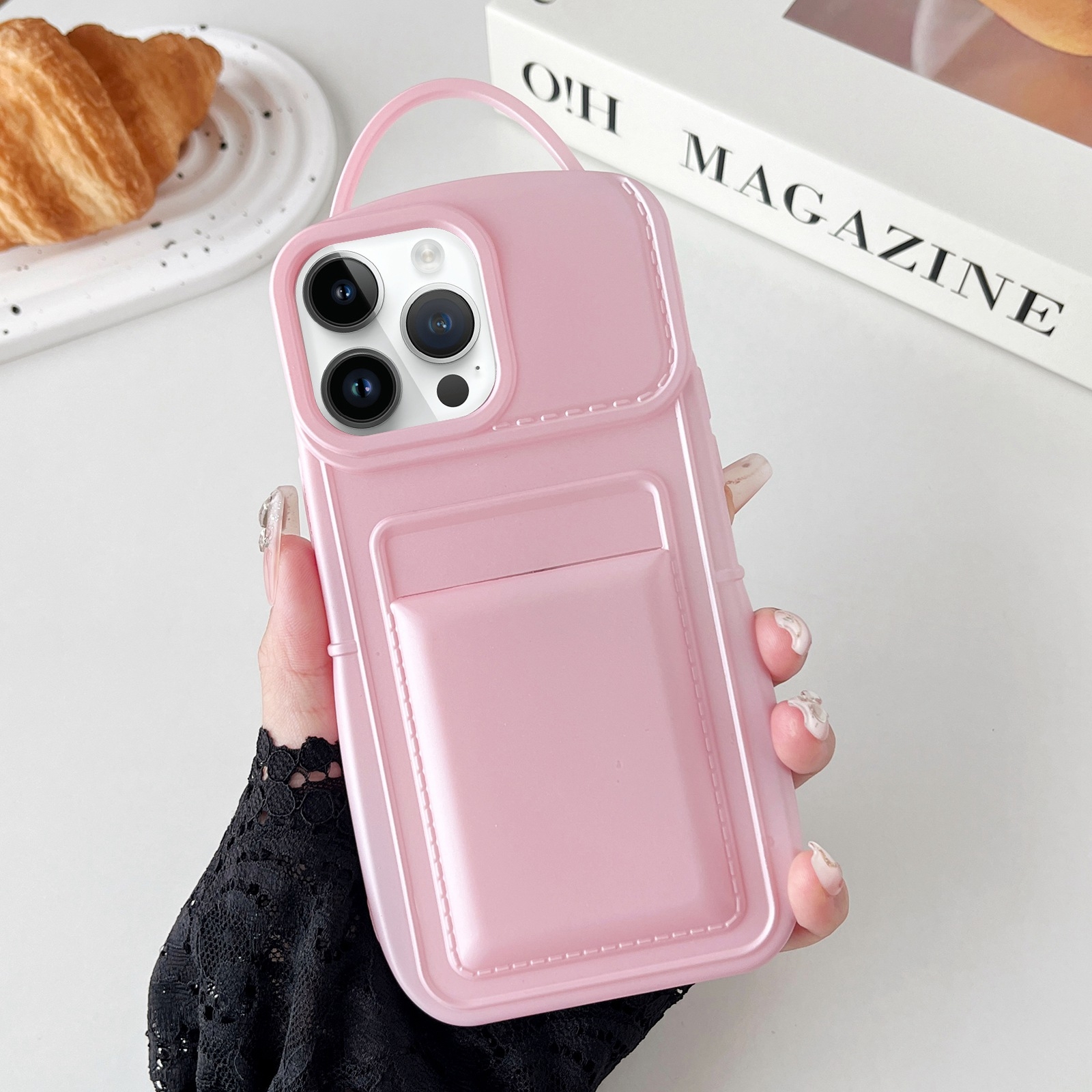 For iPhone 13 Pro Max Metallic Paint Skin Feel Full Coverage Shockproof Phone Case with Card Bag(Pink) - Shopkiz.com
