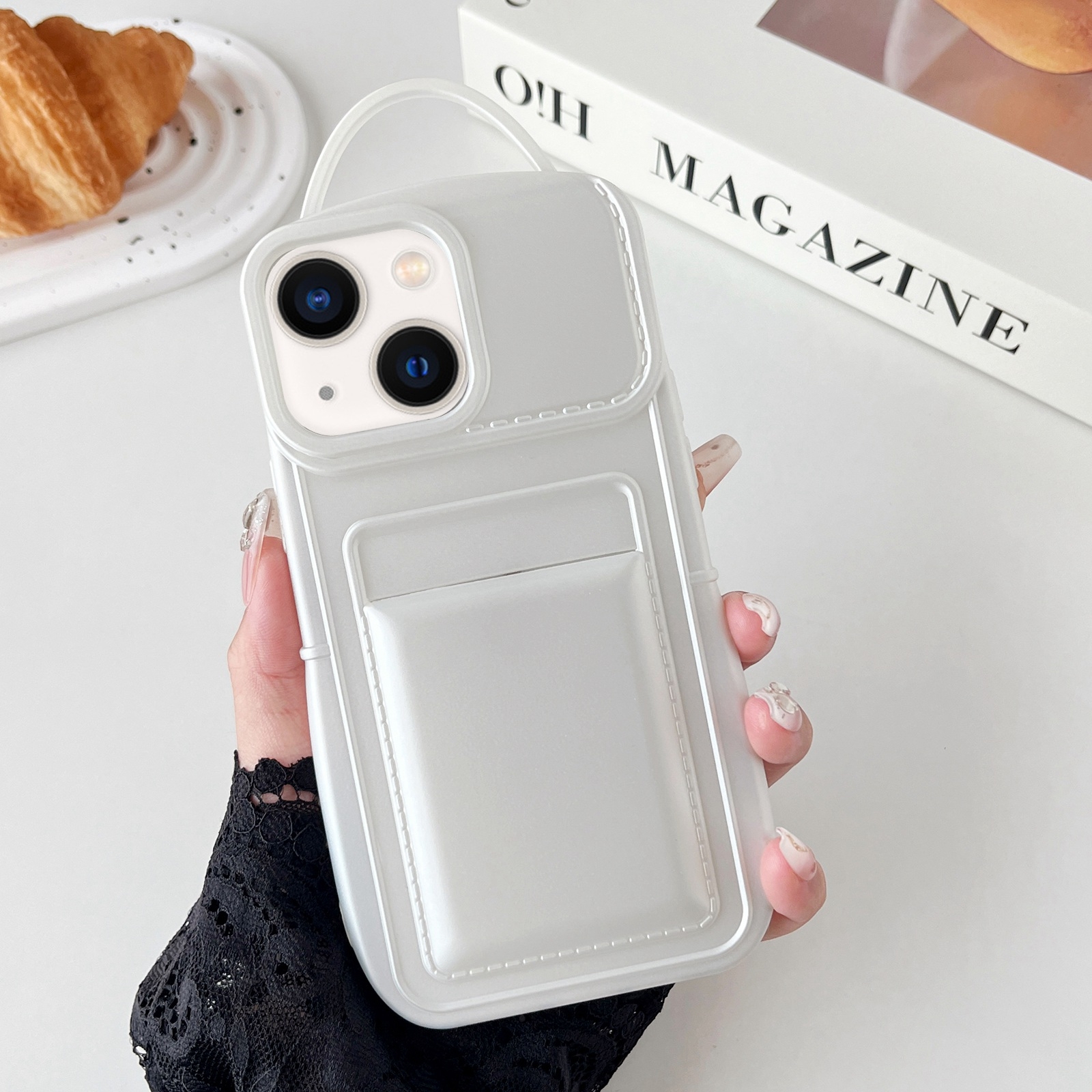 For iPhone 14 Metallic Paint Skin Feel Full Coverage Shockproof Phone Case with Card Bag(White) - Shopkiz.com