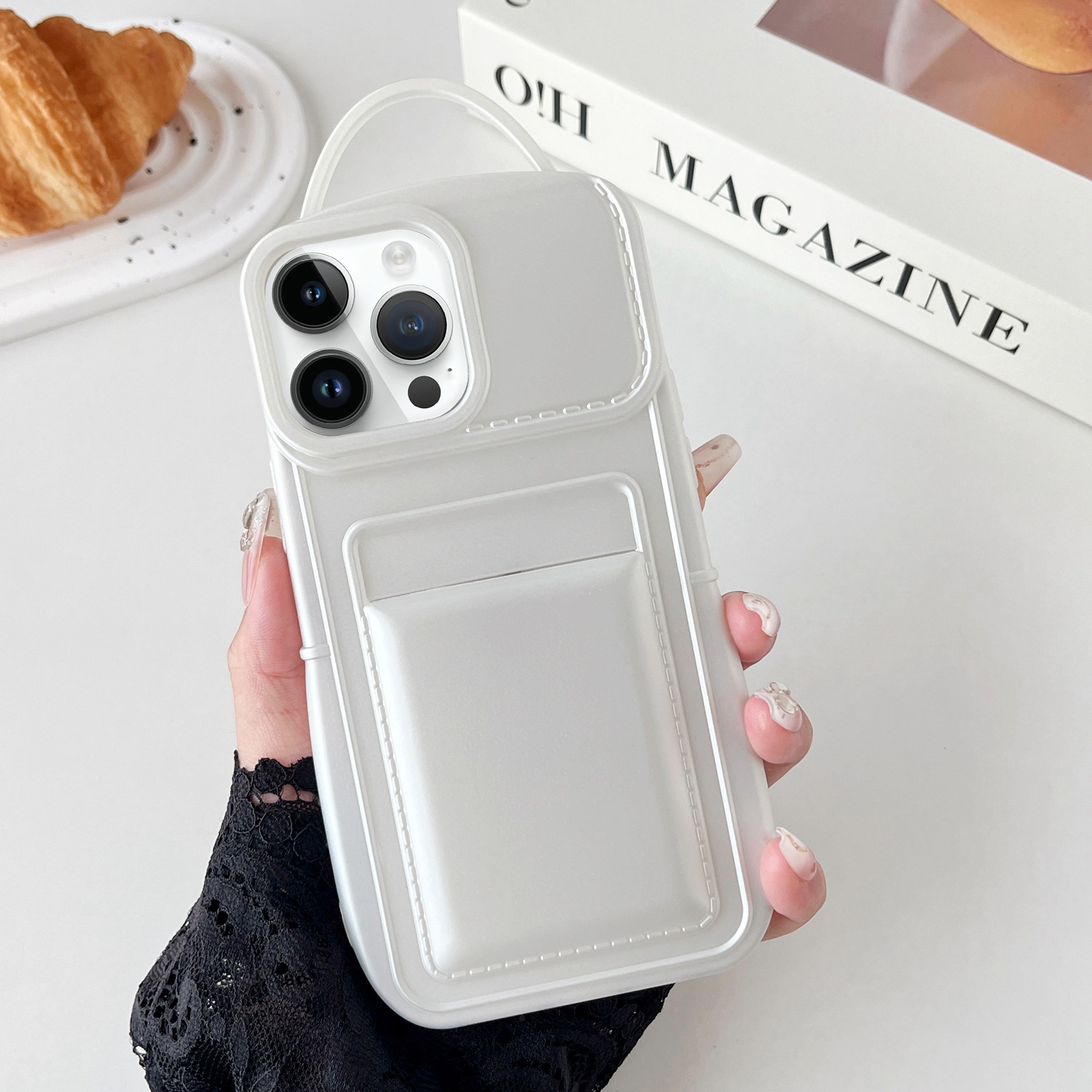 For iPhone 14 Pro Metallic Paint Skin Feel Full Coverage Shockproof Phone Case with Card Bag(White) - Shopkiz.com