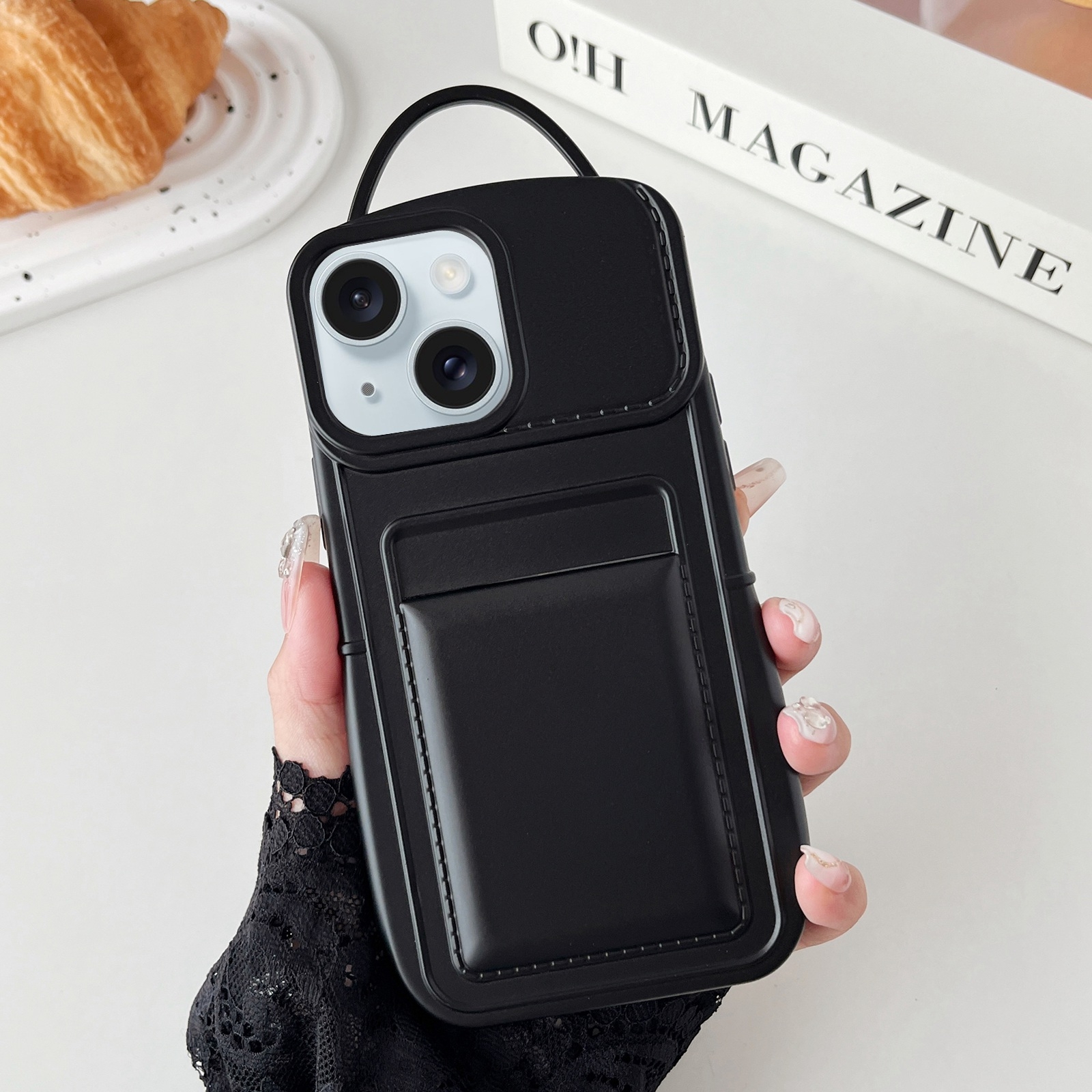 For iPhone 15 Plus Metallic Paint Skin Feel Full Coverage Shockproof Phone Case with Card Bag(Black) - Shopkiz.com