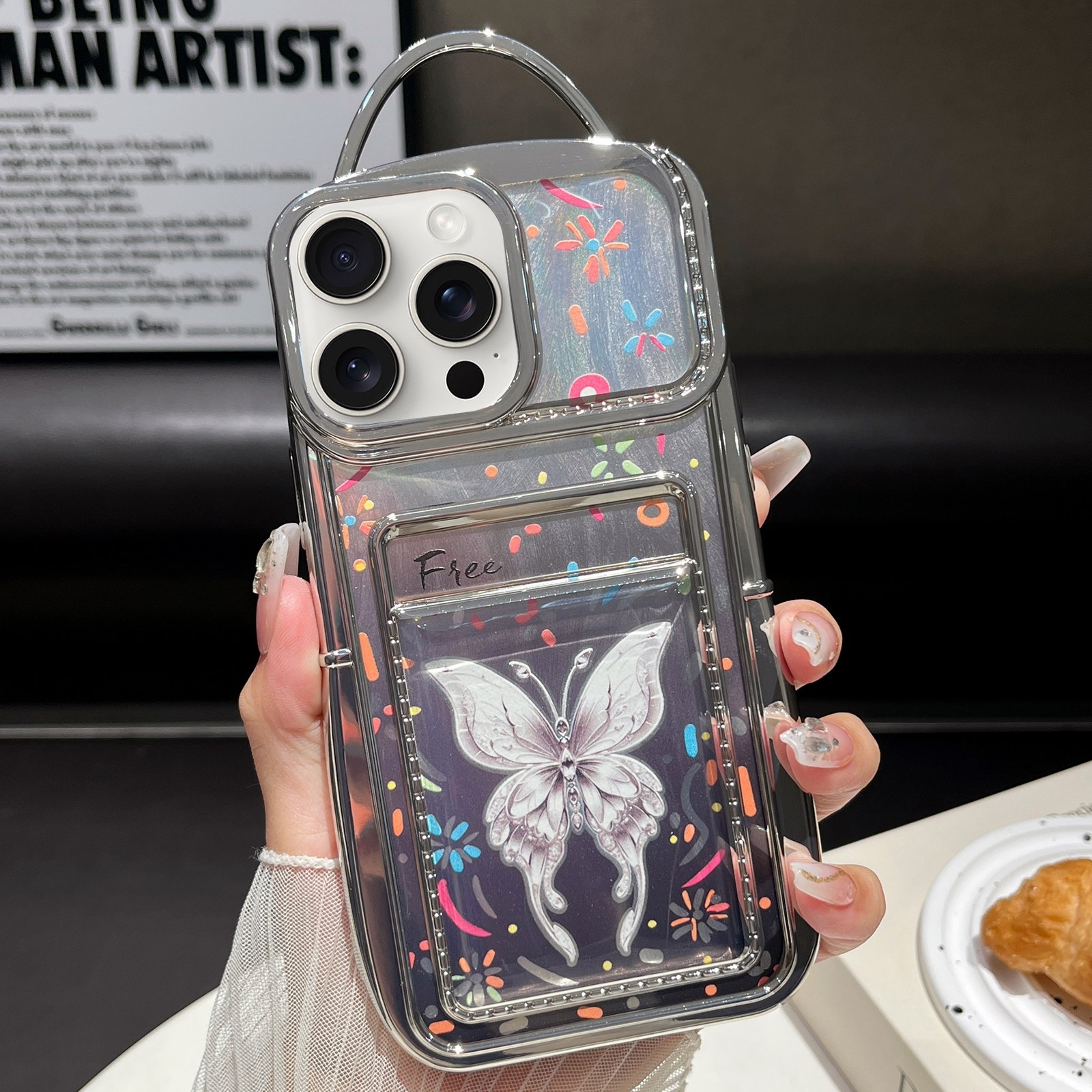 For iPhone 15 Pro Max Electroplated Card Slot Laser Butterfly Cardboard TPU Phone Case(Silver) - Shopkiz.com