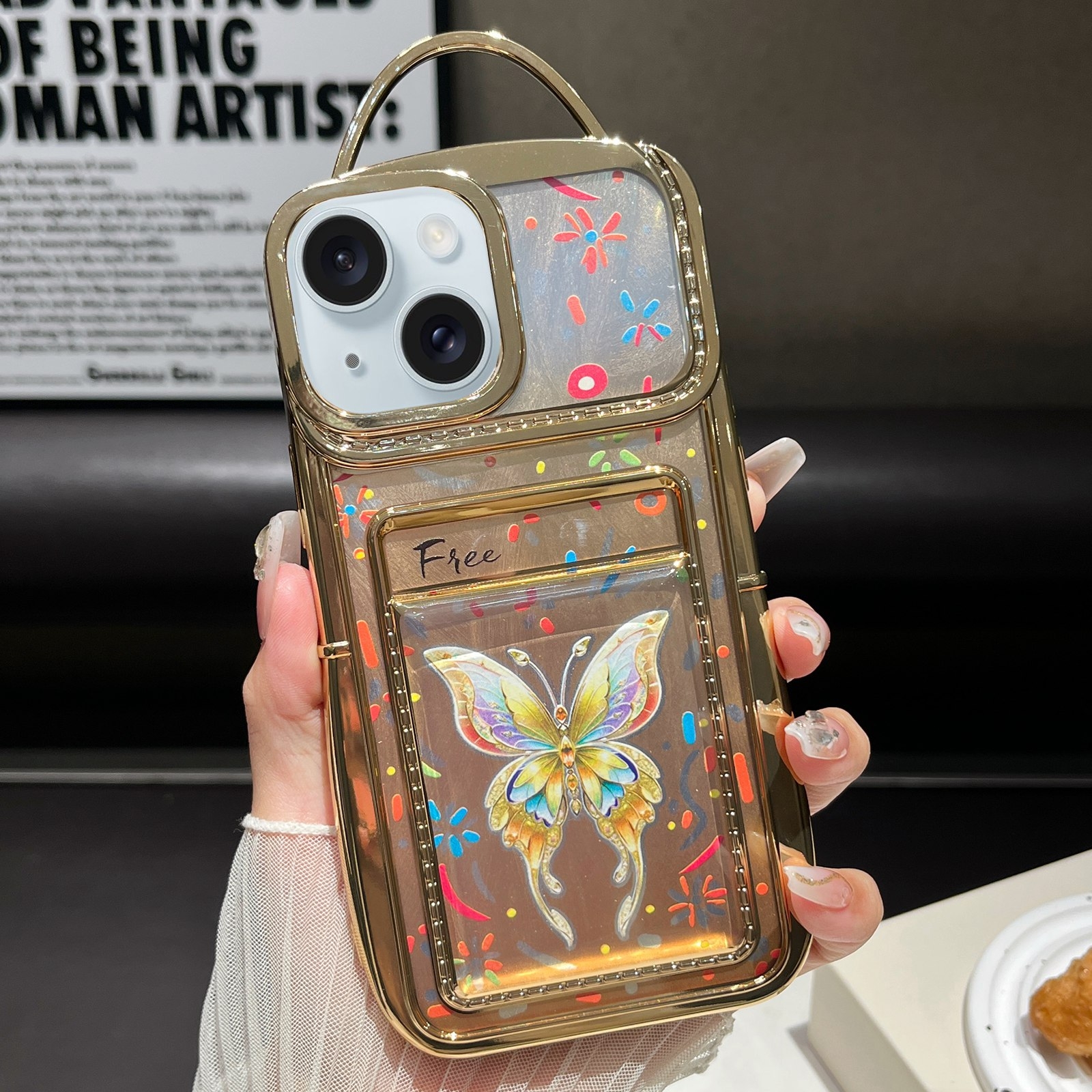 For iPhone 15 Plus Electroplated Card Slot Laser Butterfly Cardboard TPU Phone Case(Gold) - Shopkiz.com