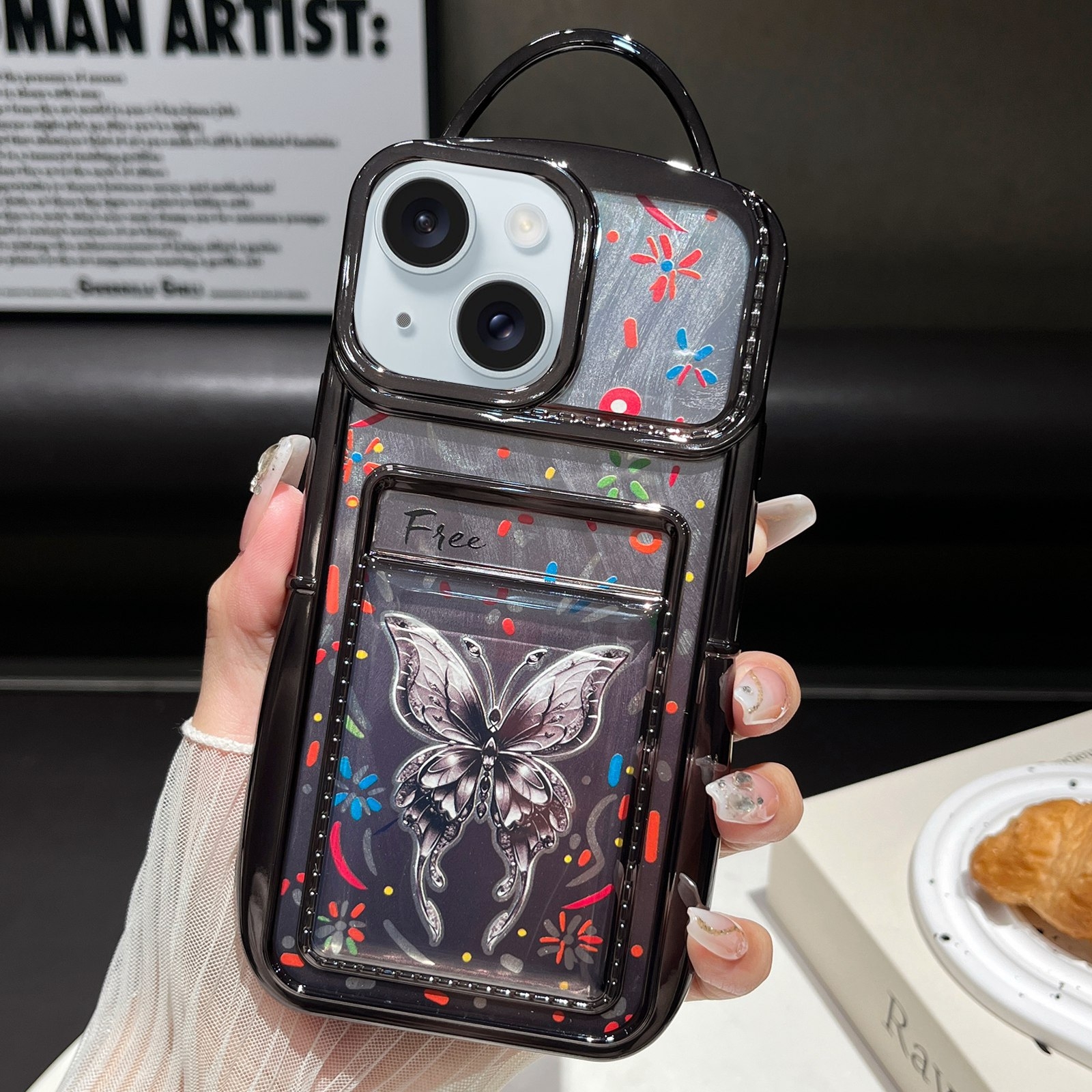 For iPhone 15 Electroplated Card Slot Laser Butterfly Cardboard TPU Phone Case(Black) - Shopkiz.com