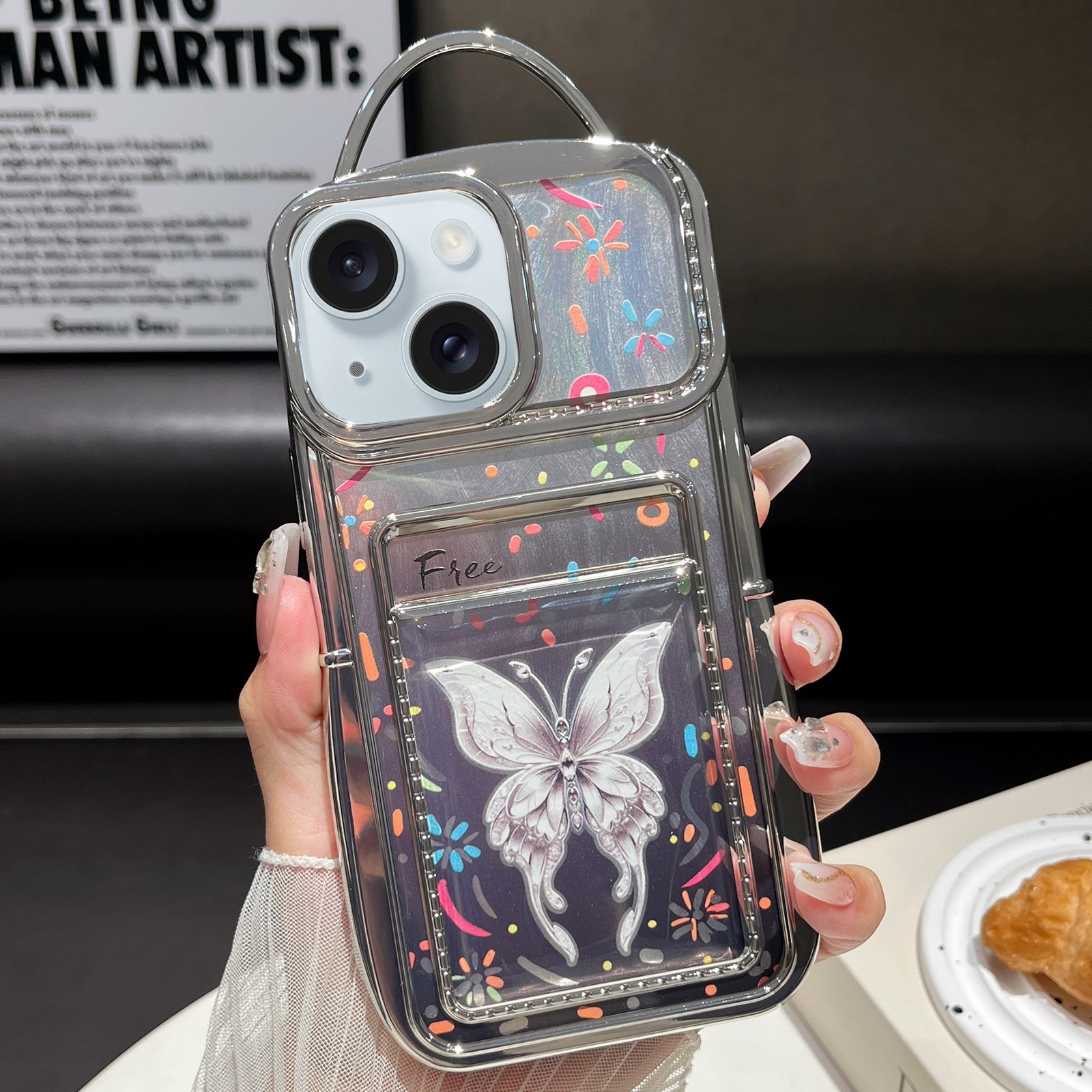 For iPhone 14 Plus Electroplated Card Slot Laser Butterfly Cardboard TPU Phone Case(Silver) - Shopkiz.com
