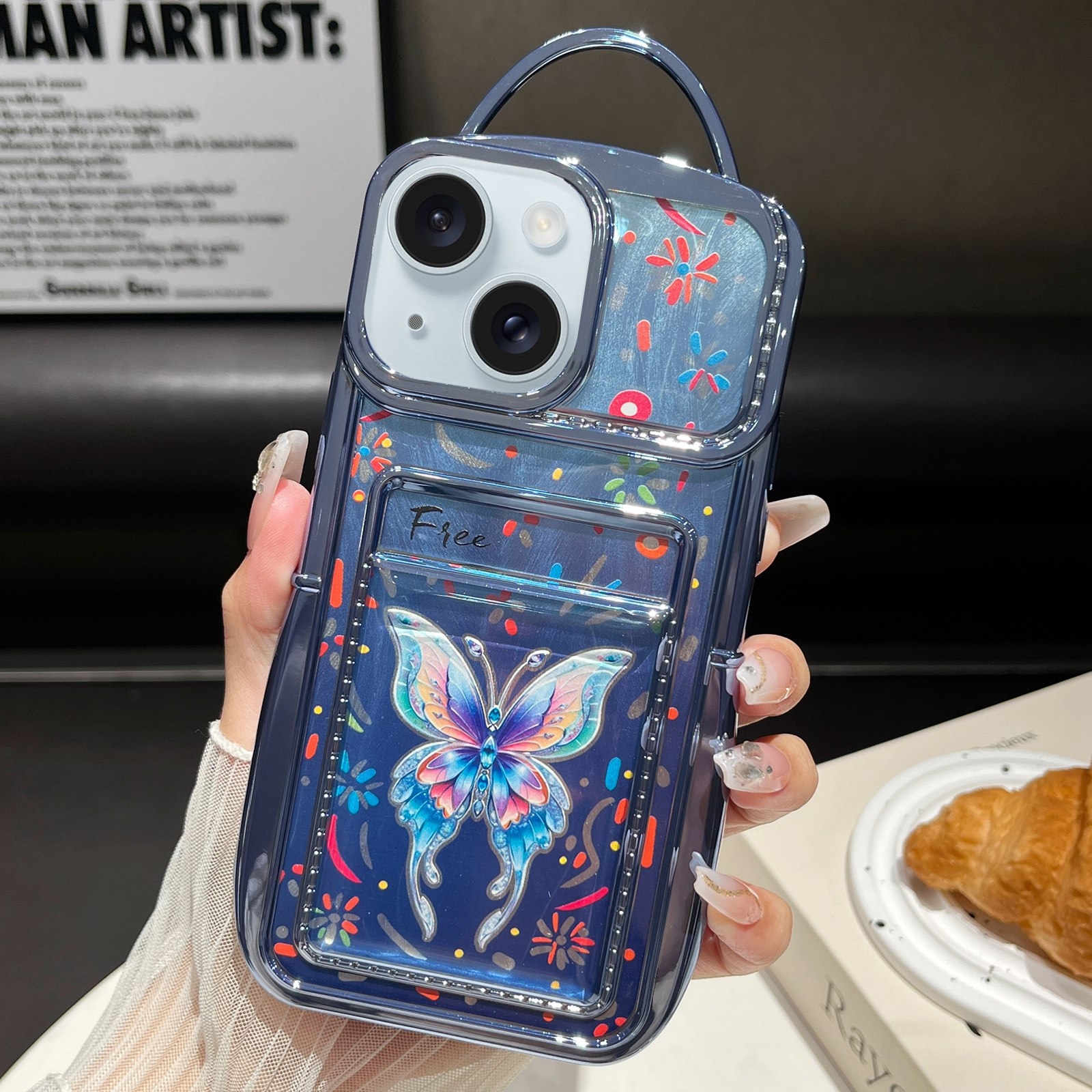 For iPhone 14 Plus Electroplated Card Slot Laser Butterfly Cardboard TPU Phone Case(Blue) - Shopkiz.com