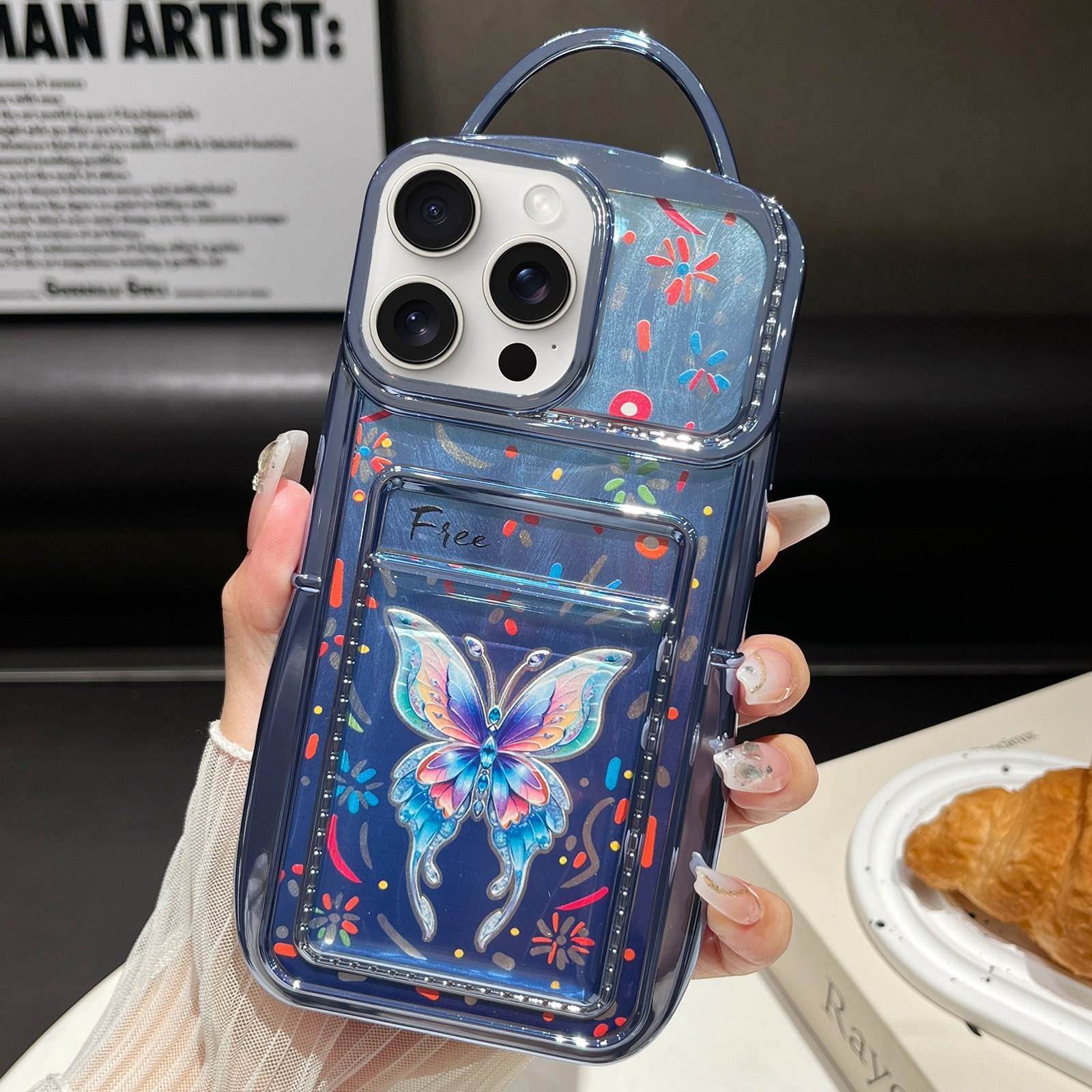 For iPhone 14 Pro Electroplated Card Slot Laser Butterfly Cardboard TPU Phone Case(Blue) - Shopkiz.com