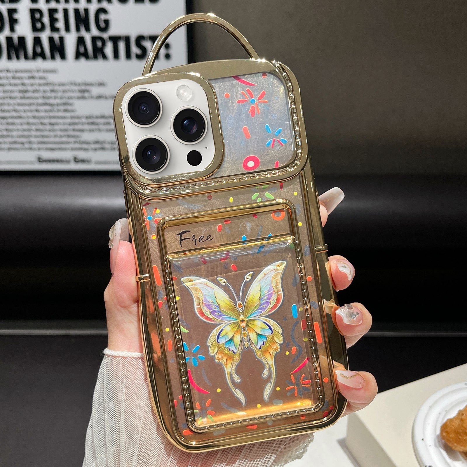 For iPhone 14 Pro Electroplated Card Slot Laser Butterfly Cardboard TPU Phone Case(Gold) - Shopkiz.com