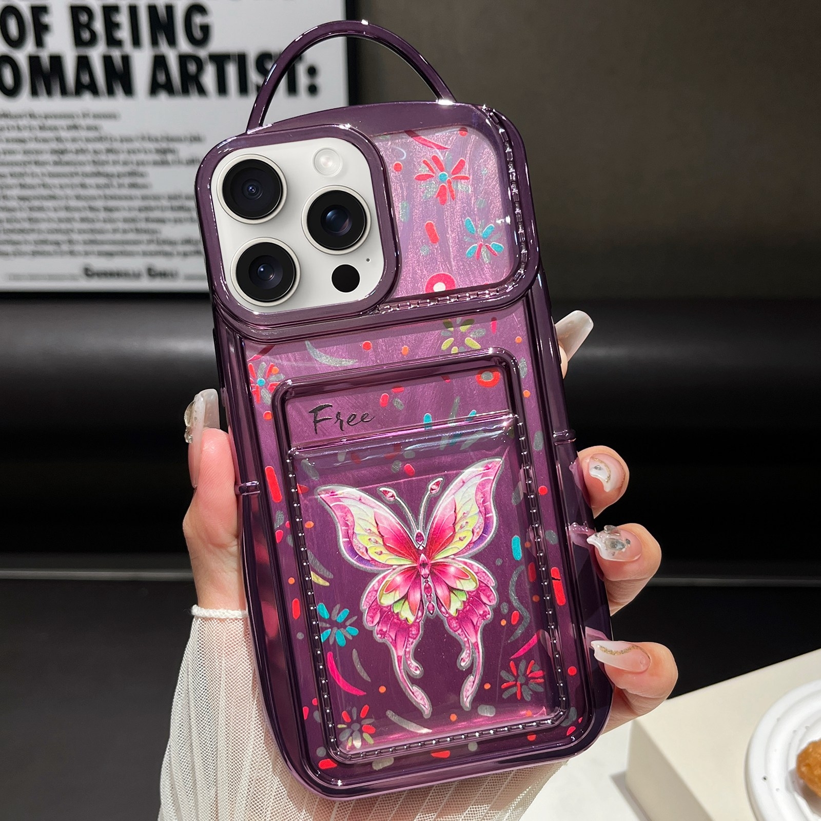 For iPhone 12 Pro Electroplated Card Slot Laser Butterfly Cardboard TPU Phone Case(Purple) - Shopkiz.com